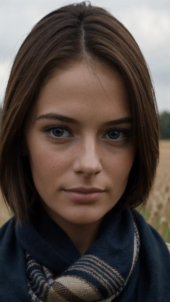 8k, best quality, masterpiece, realistic, ultra detail, photo realistic, Increase quality,
a photo of a girl standing in a field with a scarf, in the style of dark and brooding designer, voluminous mass, photobash, serene faces, jagged edges, navy, natural beauty, close-up shot