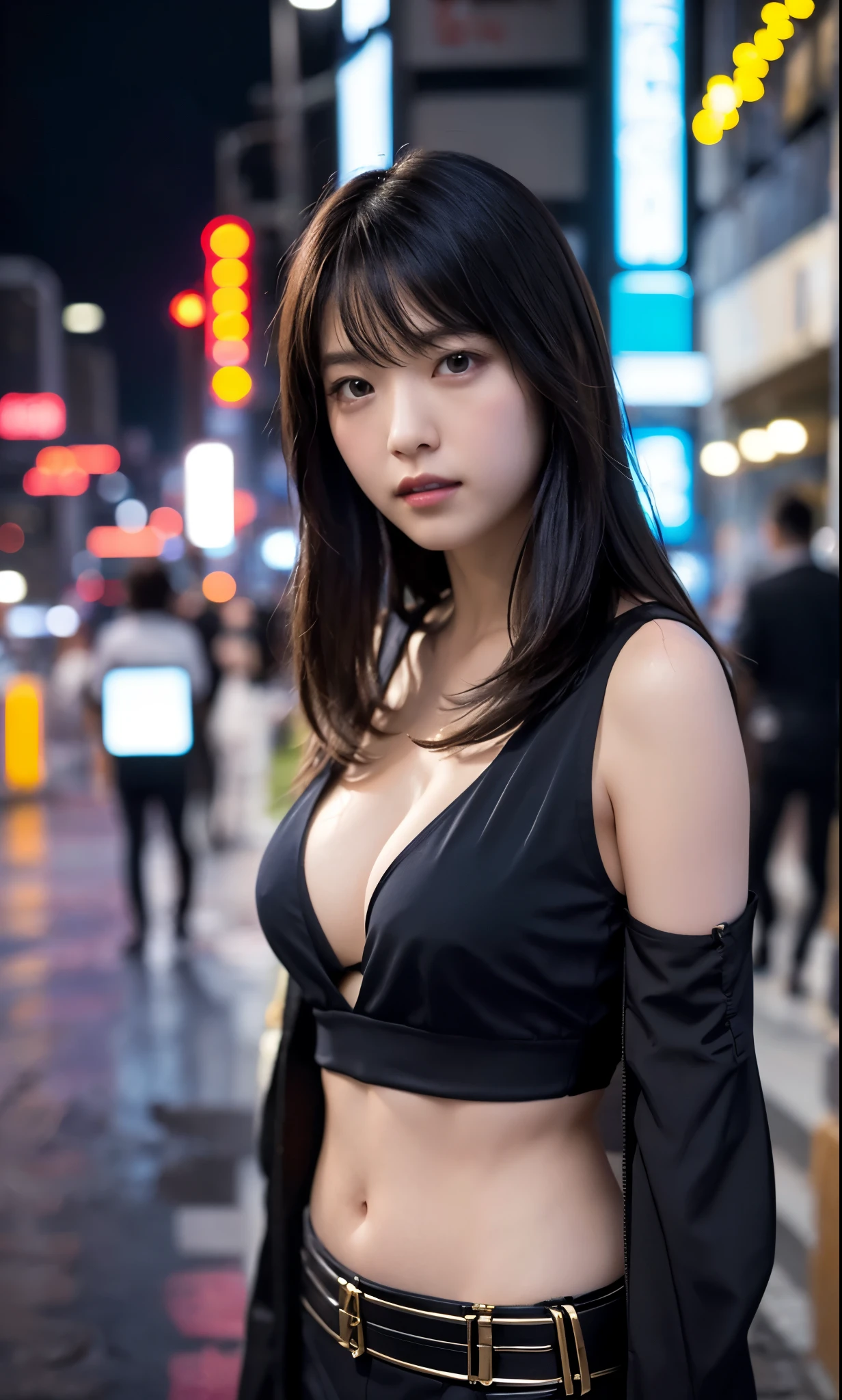 a woman covered in intricate white cybernetics, blue led lights, battle suit, cleavage, high tech, ultra high def, 32k, (Bikini Cyborg robot parts), (detailed:1.4), cyberpunk city background, rainy street, beautiful face, golden long hair, professional lighting, masterpiece, very delicate and beautiful, professional photograph