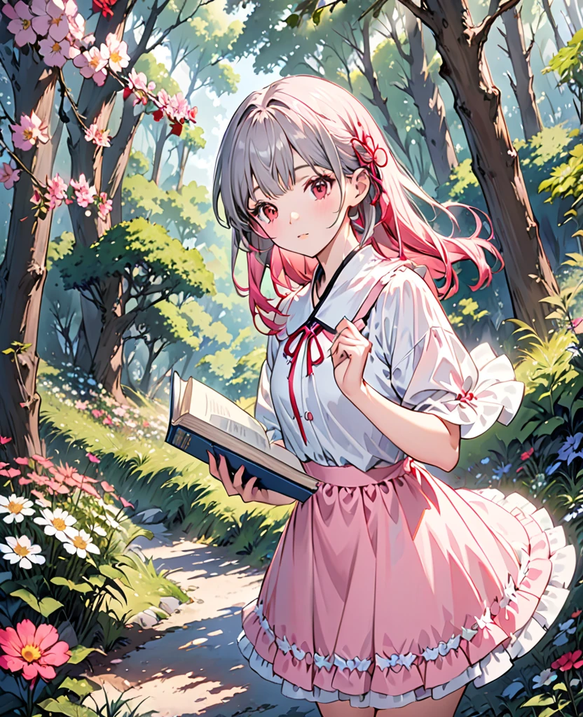 18-year-old girl，Pink Hair，Red eyes，Gray hair hoops，Standing，Hold a book in one hand，There are flowers around，Raise your head slightly，Bare Legs，Black Mary Janes，Pink ****ta dress，Forest scene，sunny，The expression is soothing，detailed portrait，Facial details，Best quality，Solitary，Eye details，Foot details，Hand details