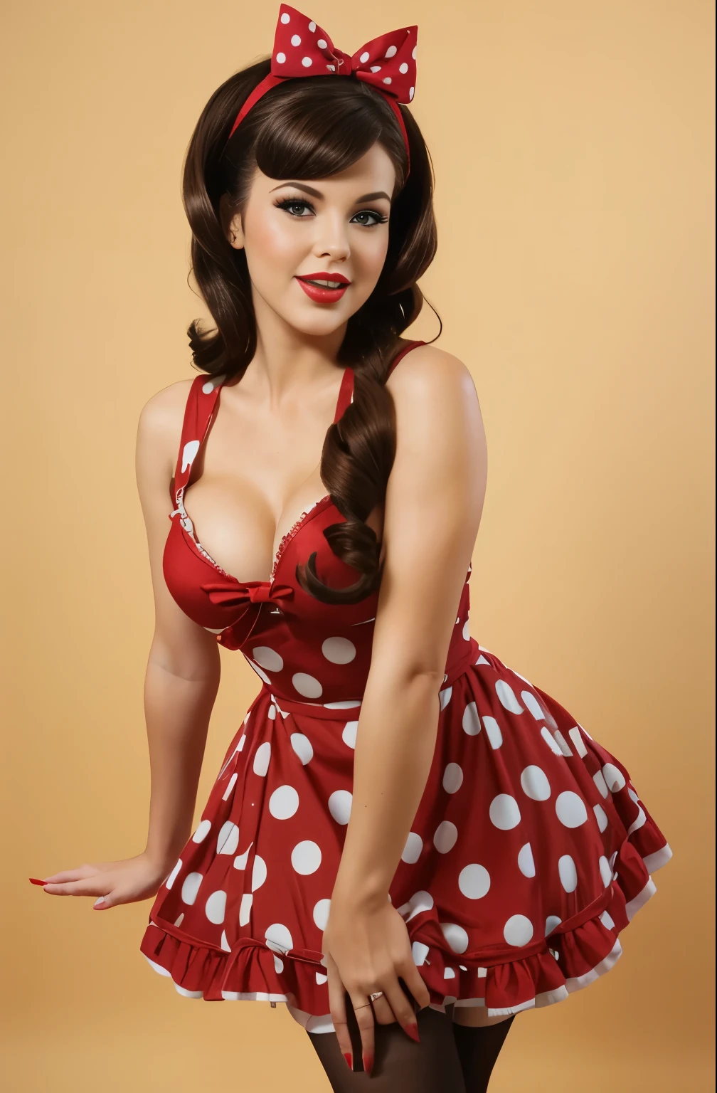 Full length photo of a girl, realistically depicting a 35 year old woman with a sexy Cherry Dollface and emotional. She has brown hair, creating a mysterious and sexy image. Model dressed in pin-up style with hair styled "victory rolls" brown hair and curly bangs. Her plump red lips make her look sexy. She has average breast size. She portrays an American housewife, posing in various sexual positions. Against a white background, she appears in a red retro dress with large polka dots with a fluffy, voluminous ballerina skirt. She has a red bandana on her head, and on her feet there are red stockings. The photo is made in pin-up style, emphasizing the retro-USA vibe. Her sexy look, she looks at me, and blows a kiss, give the photo a special charm. she is surprised, she flirts, her mouth is open, she laughs, she holds a smartphone in her hand
