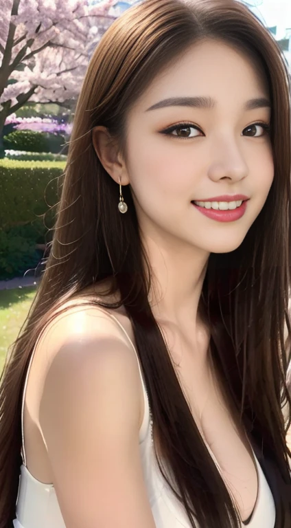 (masterpiece, Highest quality:1.1), (8k, RAW Photos, Photo realistic:1.2, f22), (Glowing Skin), Detailed skin, Detailed face, smilee,fine grain,Long Hair, break, Real World, (Very detailed, Cleavage), Intricate details, smile, One Girl, (Knit shirt)、 (Overseas tourist attractions:1.4)