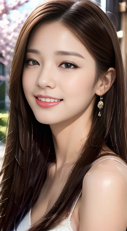 ((highest quality, 8k, masterpiece :1.3)), One Girl, close, ((A very affectionate smile:1.2)),Red lipstick,Dark lipstick,Beautiful woman, Big Breasts:1.3,Early Summer Fashion,Highly detailed face, fine grain, double eyelid,  Blur the background, outside, sunny,cherry blossoms, spring, nature,amusement park, (Maximum resolution: 1.4), (Ultra high definition: 1.2), Cinematic Light, (Detailed eyesと肌), (Detailed facial features), 8k resolution, Perfect Style, Beautiful expression、Highly detailed face and skin texture、Detailed eyes、double eyelid、((Pure white skin:1.2)),Glossy Lips:1.2、Detailed lips,Wet lips,((Full Body Shot:1.2)),(Straight Hairstyles、Light brown hair)、One-length long hair、175cm