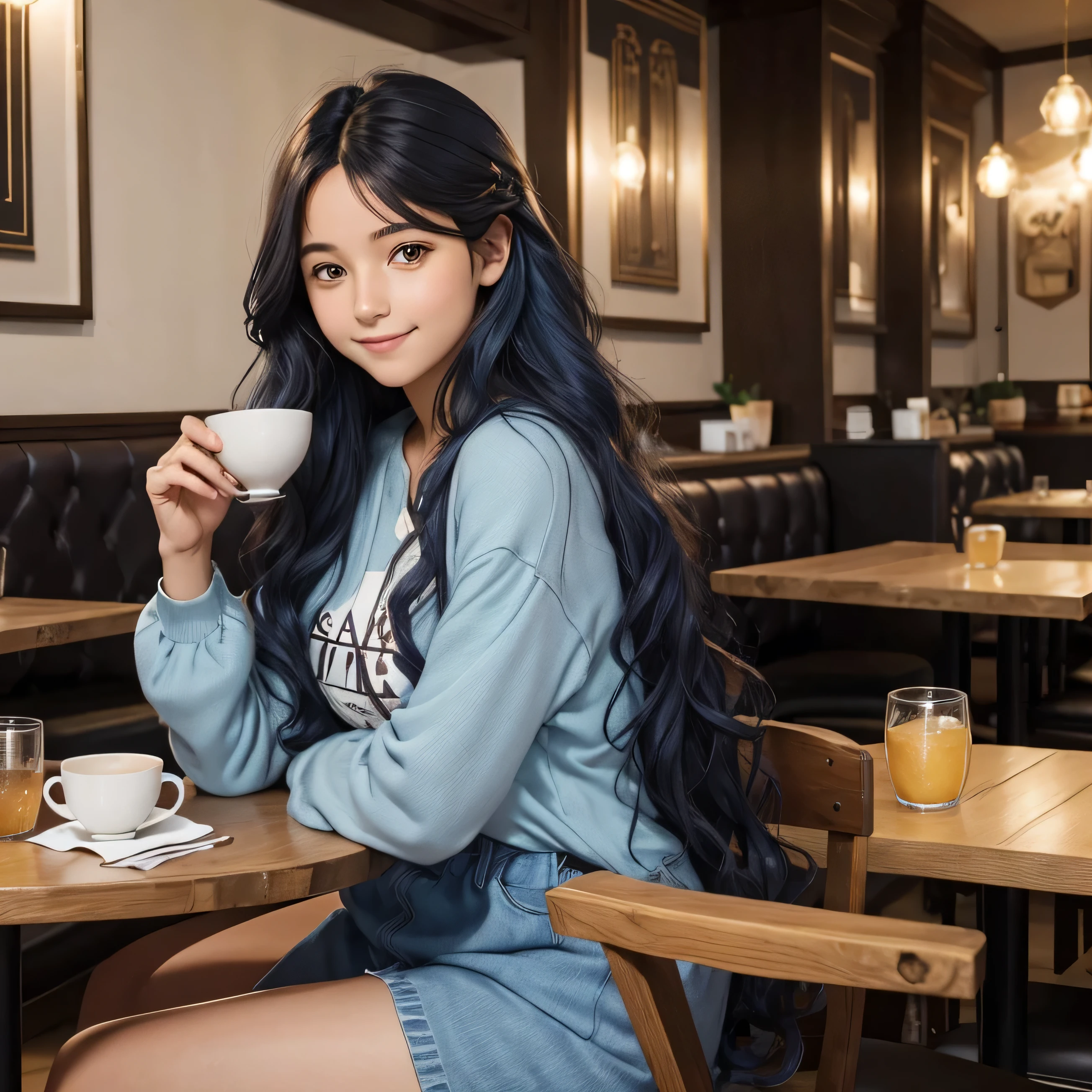 une jeune femme dans la vingtaine, with long wavy blue hair of a soft brown framing a delicate face. Her warm smile lights up her face and transmits positive energy. Nous voyons tout son corps. Elle est en tenue de sport. elle porte aussi des chaussures noires. She eats breakfast in a restaurant