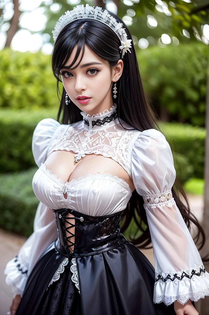 sexy stylish Spanish model, only 1 female, ((doll-like appearance)), ((ultra detailed Victorian-Style boots)), vivid smile, ultra detailed eyes, vivid eye makeup, lipgloss, long lashes, defined eyebrows, ((sexy Paradise Kiss cosplay)), bell-shaped skirt, petticoats, high neckline, puffed sleeves, ((ultra detailed lace)), ((ultra detailed embroidery)), intricate details, Paradise Kiss accessoires and matching headpiece, choker, ((large sparkling Paradise Kiss jewelry)), cinematic light, detailed large park background with trees