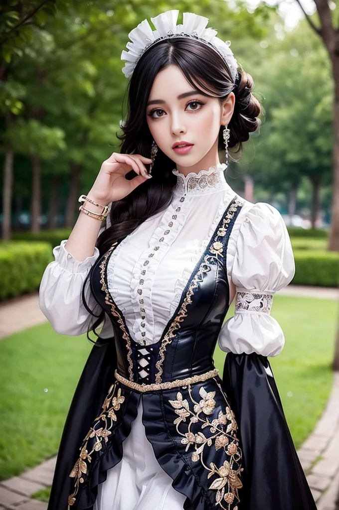 sexy stylish Spanish model, only 1 female, ((doll-like appearance)), ((ultra detailed Victorian-Style boots)), vivid smile, ultra detailed eyes, vivid eye makeup, lipgloss, long lashes, defined eyebrows, ((sexy Paradise Kiss cosplay)), bell-shaped skirt, petticoats, high neckline, puffed sleeves, ((ultra detailed lace)), ((ultra detailed embroidery)), intricate details, Paradise Kiss accessoires and matching headpiece, choker, ((large sparkling Paradise Kiss jewelry)), cinematic light, detailed large park background with trees