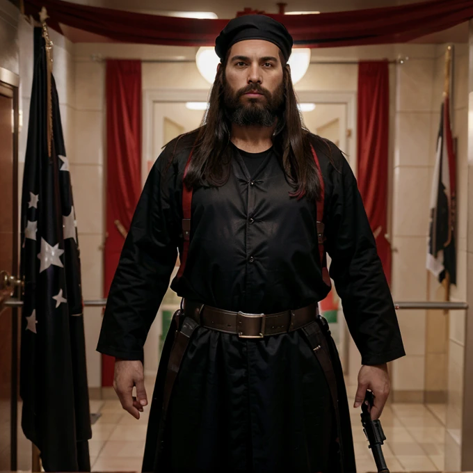 Jesus Christ with a black robe and a red belt, the flag of Israel behind him with an AK47 and vests with bombs that also explode bathrooms and shoot the guards of the Palestinian embassy Jesus Christ with a big beard of a terrorist Jesus Christ with the flag of Israel behind him