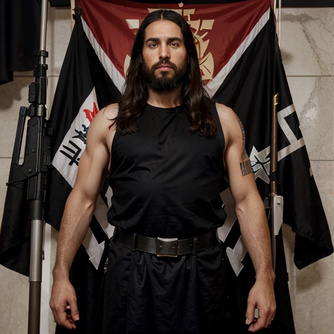Jesus Christ with a black robe and a red belt, the flag of Israel behind him with an AK47 and vests with bombs that also explode bathrooms and shoot the guards of the Palestinian embassy Jesus Christ with a big beard of a terrorist Jesus Christ with the flag of Israel behind him