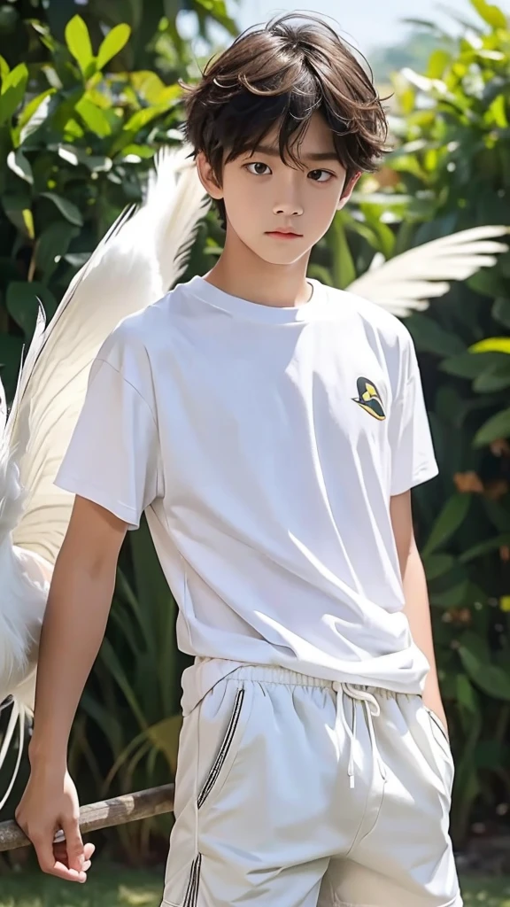 A boy, duck hybrid, long white messy hair, confused expression, white shirt and shorts, with many duck feathers