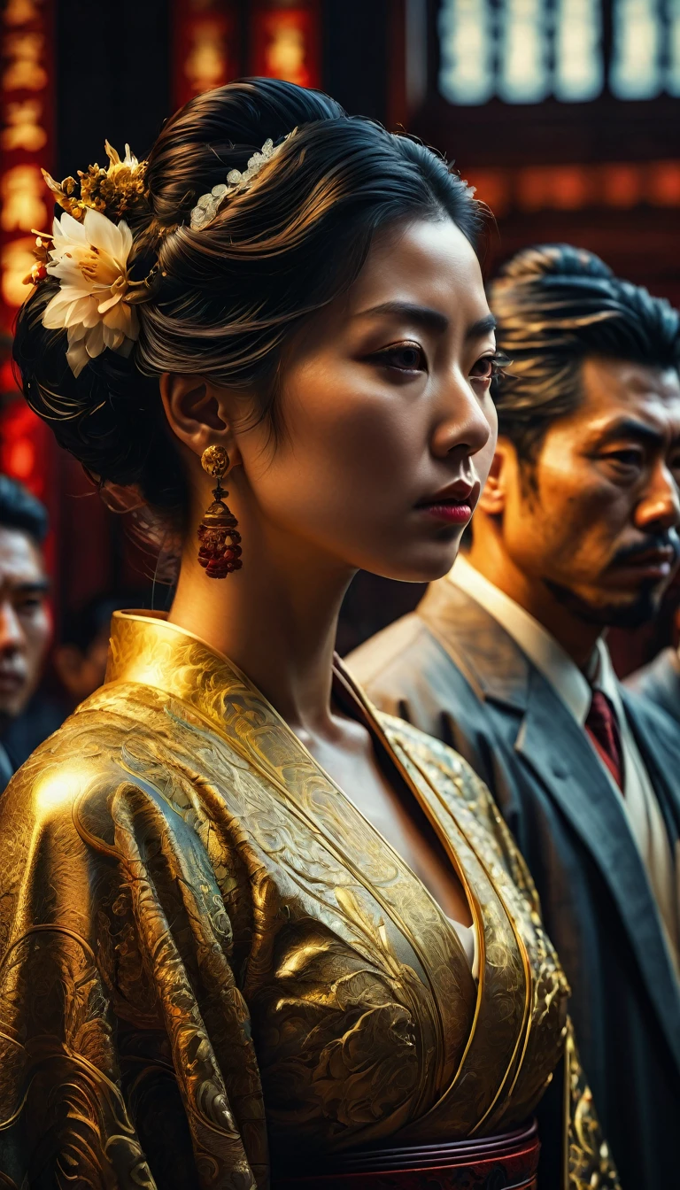 A Yakuza initiation ceremony with members standing in a line,
digital UHD (k) image, cinematic film still dramatic side lighting, dramatic intense stare closeup portrait,  hdr,  shallow depth of field, vignette, highly detailed, high budget Hollywood film, cinemascope, moody, epic, gorgeous
, Highly detailed and clean, Photorealistic and cinematic masterpiece, professional photography, realistic, realism, 200k , Raytracing and light effect , digital, perfect composition, beautiful detailed intricate insanely detailed octane render trending on artstation, 8 k artistic photography, photorealistic concept art, soft natural volumetric cinematic perfect light, award - winning photograph, masterpiece, raphael, caravaggio, greg rutkowski, beeple, beksinski, giger