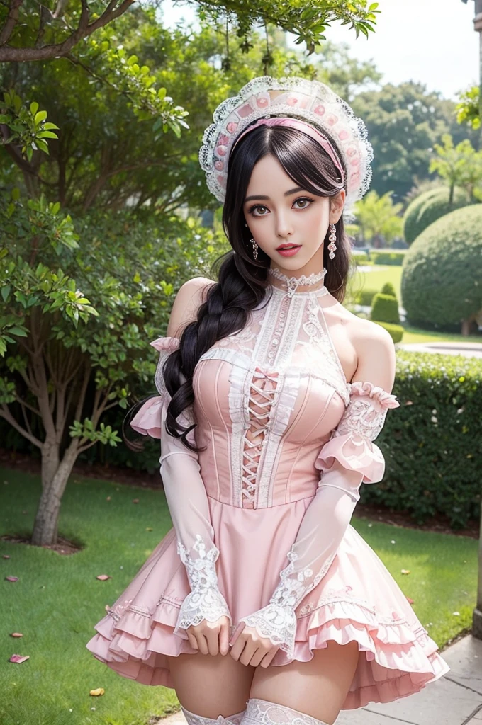 sexy stylish Swedish model, only 1 female, ((doll-like appearance)), long neon pink stylish hair, ((shiny Victorian-Style boots)), (happy smile), ultra detailed eyes, very detailed eye makeup, lipgloss, long lashes, defined eyebrows, ((sexy Paradise Kiss cosplay)), bell-shaped skirt, petticoats, high neckline, puffed sleeves, ((ultra detailed lace)), ((ultra detailed embroidery)), intricate details, Paradise Kiss accessoires and matching headpiece, choker, ((large sparkling Paradise Kiss jewelry)), cinematic light, detailed large park background with trees
