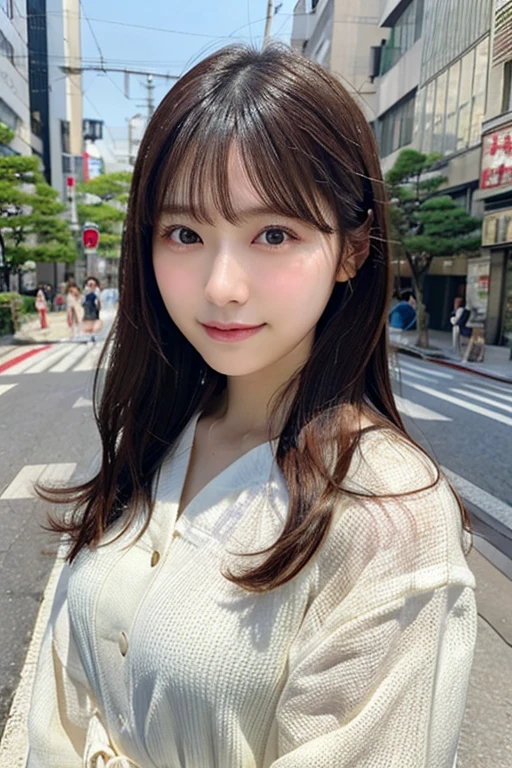 ((Photoreal)), 8K full-length portrait, (Beautiful woman), (Japanese woman), (detailed face), attractive look, Clear system, 18-year-old, Tokyo city, summer, for the background, medium hair,