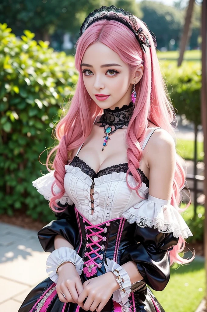 sexy stylish Spanish model, only 1 female, ((doll-like appearance)), long neon pink stylish hair, ((ultra detailed Victorian-Style boots)),happy smile, ultra detailed eyes, vivid eye makeup, lipgloss, long lashes, defined eyebrows, ((sexy Paradise Kiss cosplay)), bell-shaped skirt, petticoats, high neckline, puffed sleeves, (( ultra detailed lace)), ((ultra detailed embroidery)), intricate details, Paradise Kiss accessoires and matching headpiece, choker, ((large sparkling Paradise Kiss jewelry)), cinematic light, detailed large park background with trees