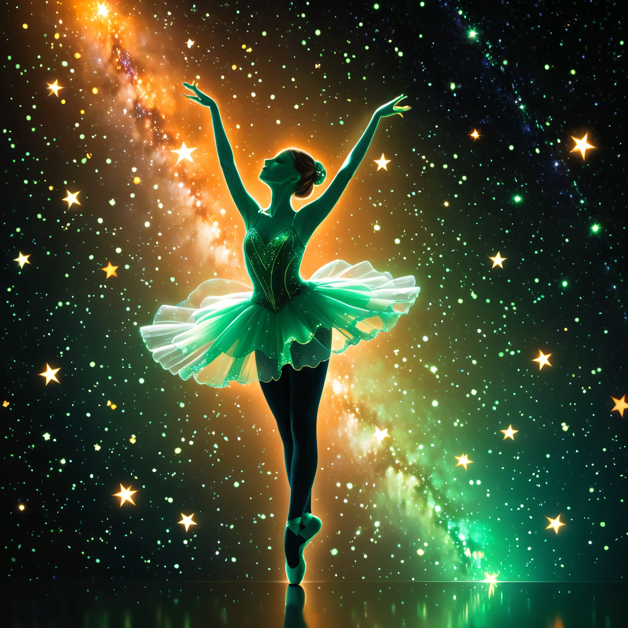 Faceless Ballerina made out of glass, striking a ballerina pose with her arms up, wearing a ballerina outfit, see through body, surrounded by a orange glow, dark background covered with glowing stars, there is a galaxy in the background at the top corners of the screen, falling stars colored in a bright green hue, dynamic pose, very gracious
