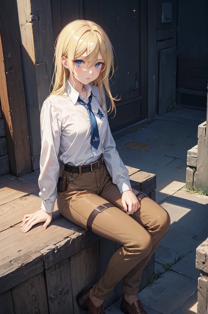 aot style, shingeki no kyojin,, , christa renz,, 1girl, belt, belt buckle, blonde hair, blue eyes, brown footwear, brown pants, buckle, chest belt, collared shirt, diamond (shape), floating hair, from side, full body, grey background, hair between eyes, hands on own thighs, long hair, long sleeves, looking ahead, own hands together, pants, parted lips, shirt, shoes, sitting, solo, sparkle, star (symbol), thigh strap, white shirt, , , ((masterpiece)), best quality, , 