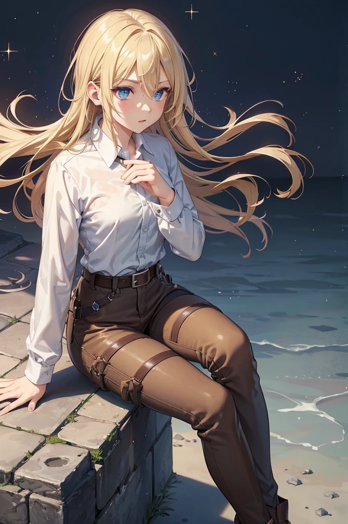 aot style, shingeki no kyojin,, , christa renz,, 1girl, belt, belt buckle, blonde hair, blue eyes, brown footwear, brown pants, buckle, chest belt, collared shirt, diamond (shape), floating hair, from side, full body, grey background, hair between eyes, hands on own thighs, long hair, long sleeves, looking ahead, own hands together, pants, parted lips, shirt, shoes, sitting, solo, sparkle, star (symbol), thigh strap, white shirt, , , ((masterpiece)), best quality, ,
