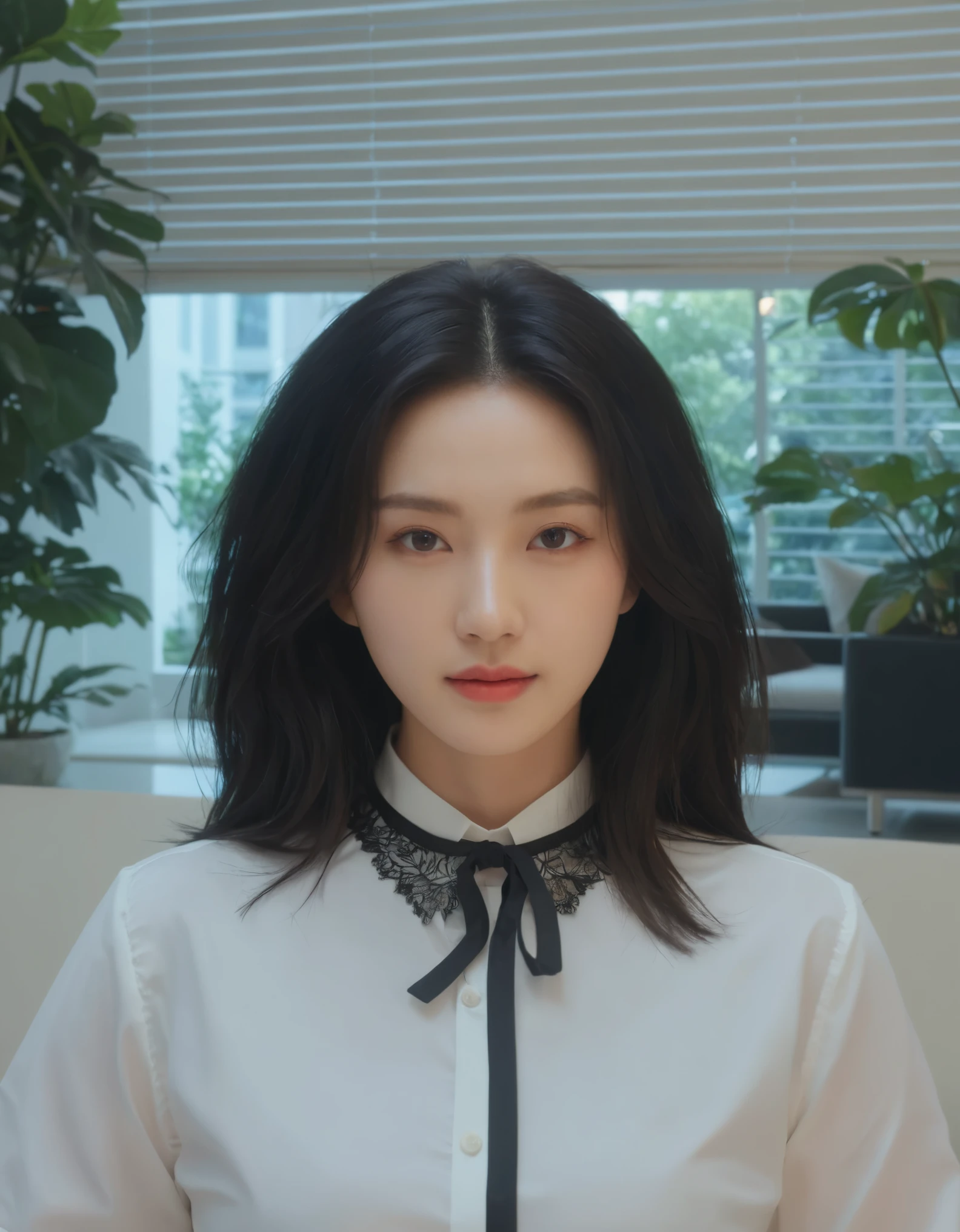Best Quality, 8k, Masterpiece, (Portrait: 1.3), (photo realistic:1.4), (hyper realistic:1.4), Sharp Focus, looking at viewer, (smoother lighting:1.1), (increase cinematic lighting quality:0.9), realistic lighting, backlighting, light on face, ray trace, (brightening light:1.2), (Increase quality:1.4), sharp detail, (best quality real texture skin:1.4), finely detailed eyes, black_eyes, finely detailed face, 25 year old Korean woman, (white formal_shirt:1.4), (Create an image maintaining the original base model hairstyle:1.5)