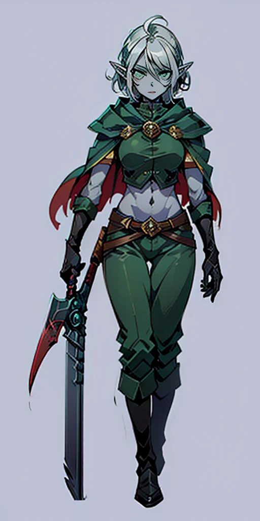 masterpiece, detailed, character, dungeons and dragons character, 1sologirl, drow elf girl ((hunter)) (silver white) medium-short hair (hair braid) cute face, detailed face, detailed eyes, green eyes ((holding long (spear:1) in hands:1.1)) (wearing fantasy (drow elf (hunter outfit)) brown pants, green jacket, cool crop top, outfit with cape and hood) ((simple background, grey color background))