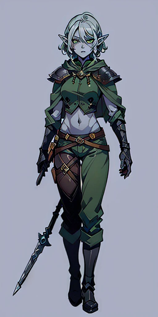 masterpiece, detailed, character, dungeons and dragons character, 1sologirl, drow elf girl ((hunter)) (silver white) medium-short hair (hair braid) cute face, detailed face, detailed eyes, green eyes ((holding long (spear:1) in hands:1.1)) (wearing fantasy (drow elf (hunter outfit)) brown pants, green jacket, cool crop top, outfit with cape and hood) ((simple background, grey color background))