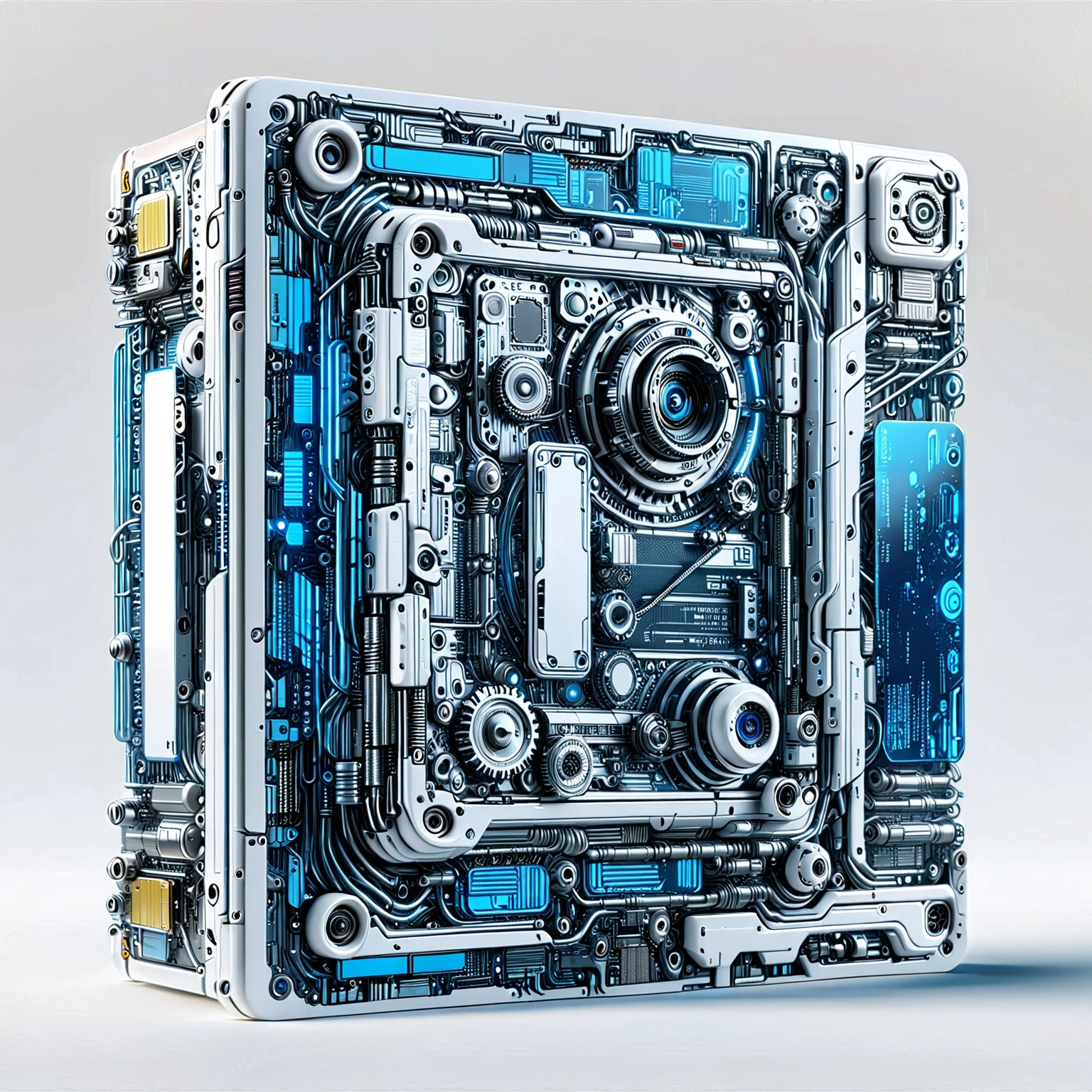 (Metal card:1.5), Digital Art，Cyberpunk，(White ceramic housing:1.5)，blue transparent glass，3D rendering，ray tracing，Reasonable structure，Complex internal structure,(Clear lines, High sharpness,best quality, masterpiece, 4K ),ais-mechdystopia