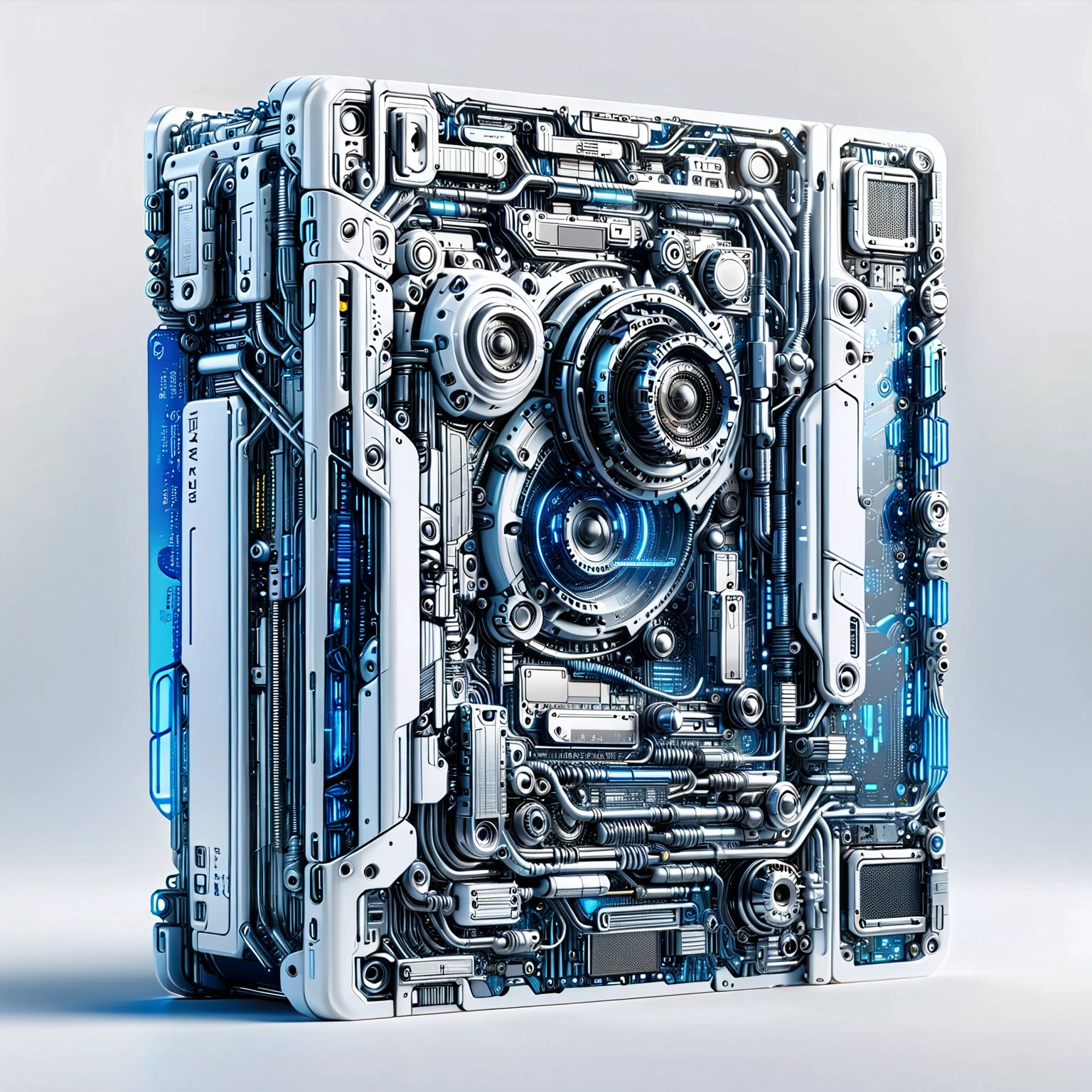 (Metal card:1.5), Digital Art，Cyberpunk，(White ceramic housing:1.5)，blue transparent glass，3D rendering，ray tracing，Reasonable structure，Complex internal structure,(Clear lines, High sharpness,best quality, masterpiece, 4K ),ais-mechdystopia