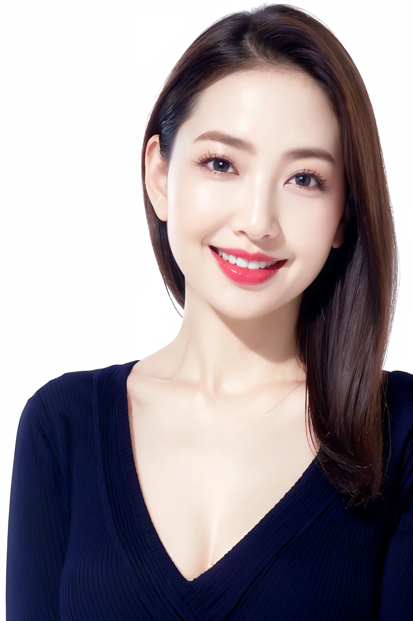 (highest quality、Tabletop、8k、Best image quality、Award-winning works)、One beautiful woman、(Beautiful and elegant very long straight hair:1.2)、(Beautiful black hair:1.1)、(alone:1.1)、(The perfect dark navy V-neck long sleeve knit:1.5)、(Dark navy V-neck knit:1.5)、(The simplest white background:1.4)、とてもBig Breasts、Accentuate your body lines、Beautiful and exquisite、look at me、(Perfect Makeup:1.1)、Bright lipstick、Ultra-high definition beauty face、Ultra HD Hair、Ultra HD Shining Eyes、Ultra High Resolution Perfect Teeth、Super high quality glossy lip、Accurate anatomy、Very beautiful skin、Glowing skin in ultra-high resolution、Elegant upright posture when viewed from the front、(very bright and vivid:1.2)、(Slender body:1.2)、(slender and beautiful face:1.1)、(Cleavage:1.2)、(Big Breasts:1.2)、Shiny, Bright lipstick、(Face close-up:1.3)、(55 year old beauty:1.3)、Wrinkled face、Facing forward、clavicle、The biggest smile showing off beautiful teeth