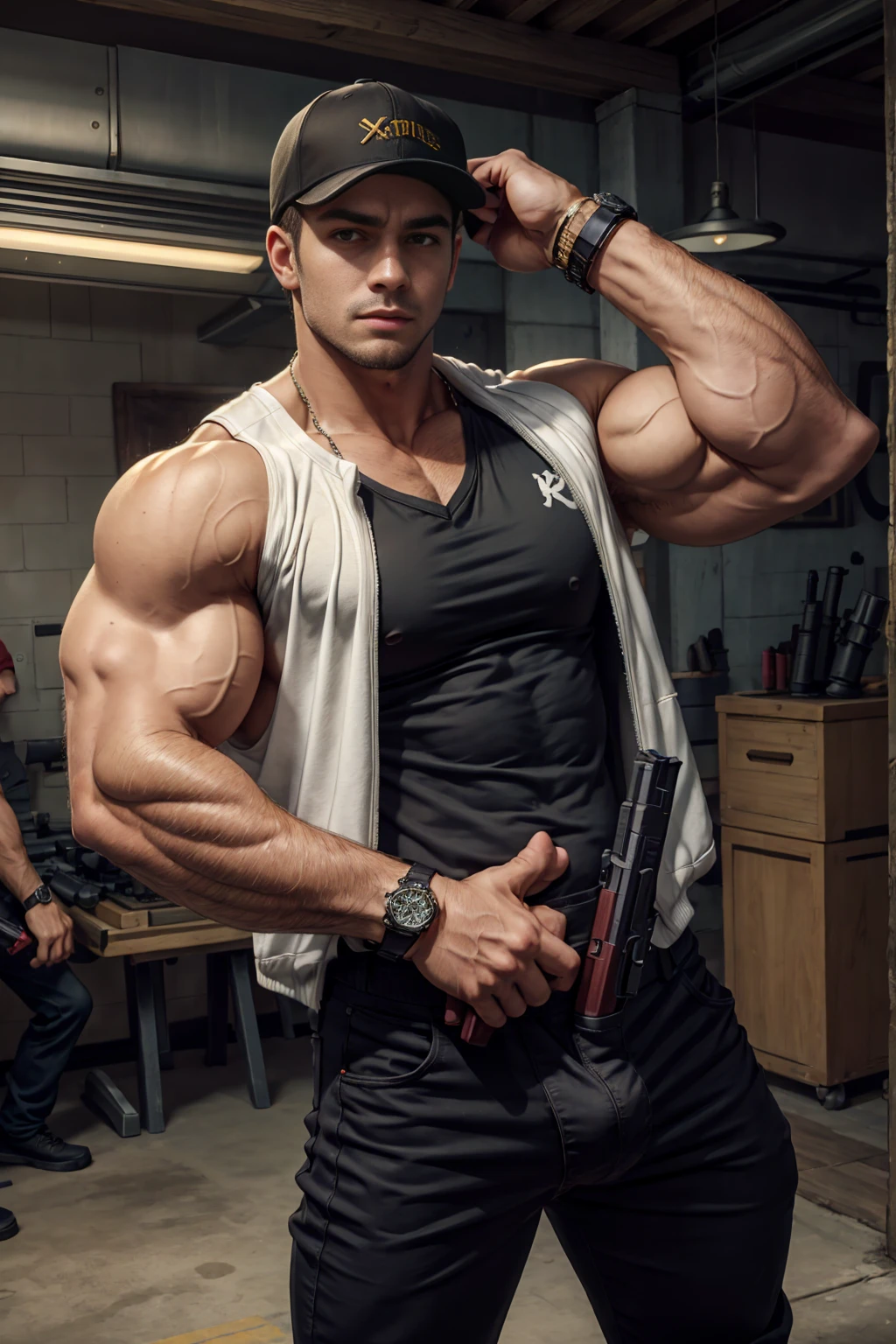 ((masterpiece)), ((best quality:1.2)), high resolution, 8K, (extremist_actual:1.3), (photoactual:1.4), Male focus, 1 boy, backwards have, arms, Vest, solitary, white Vest, 步gun, Pants, wristwatch, gun, Keep arms, muscular, Keep, watch, assault 步gun, Baseball cap, Keep gun, have, short hair, black Pants, Big bulge,Excellent J8,Chest muscles, muscular male, looking at the audience, Brown eyes, 仅have的, Jewelry, Black Hair, bracelet,actual,Perfect hand details