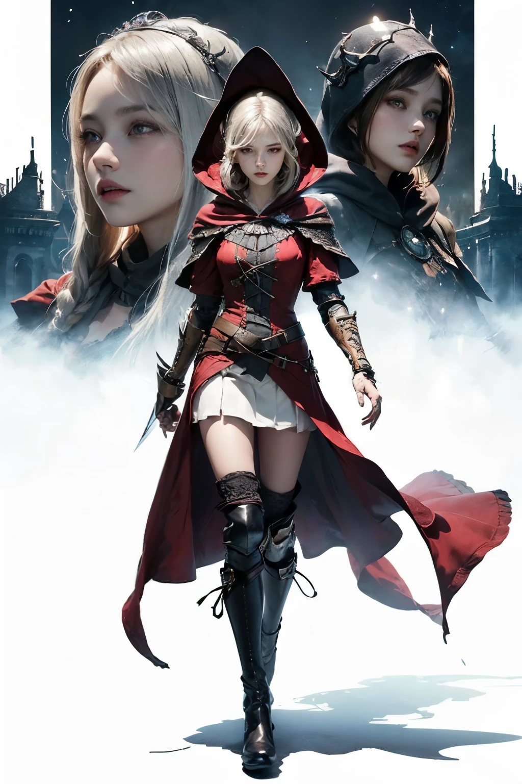 mpts
Copy
(((masutepiece, of the highest quality, super detailed))), watercolour, sketch, a knight, white background, plain background, Bloodborne inspired, Bloodborne attire, occult aesthetic, occult, Complex mechanical cyborg girl, Skeleton body, red and white clothing detailed and intricate steampunk and detailed gothic ta (with a hood), diadems, very thin long legs, Complex mechanical boots above the knee, Fluttering lace flared skirt, beautiful small breasts directed upwards, (((( Highly detailed face))), small thin nose, Small thin lips mouth, (((Very sharp focused eyes))), Very large slit precision pale grey eyes that shine like jewels. very long eyelashes, Silver hair swaying in the wind, Emitting a dazzling light in a mandala pattern, white background, Very dramatic and cinematic lighting, red and white clothing, full body, whole body, body, cosmic horror