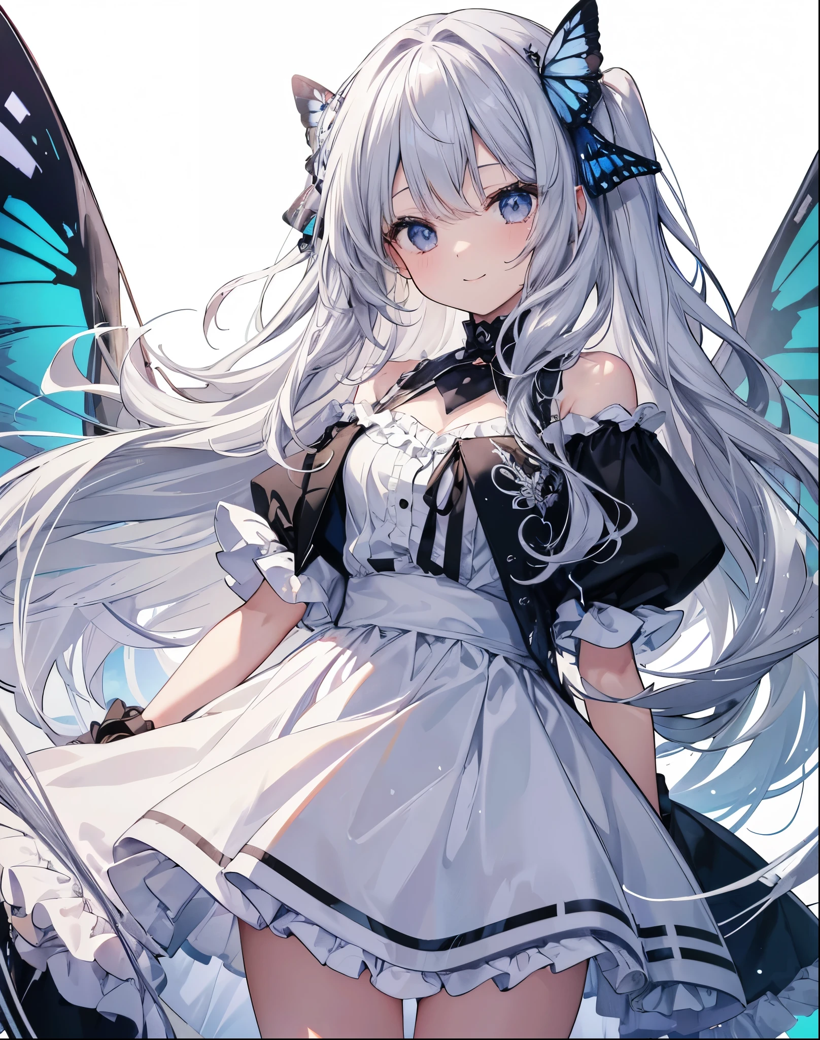 No background、Background white、High resolution、FHD、high resolution、High chroma、High again、Black and White、Line art、anime、girl､Gray Hair、Long Hair、Curly long hair、Light color、one piece、Frills、Sparkle in the eyes、highlight、smile、cute、whole body、No cuts in sight、I can't see it、Refers to 5 books、Life-size､butterfly々、It has wings、No background、Background white