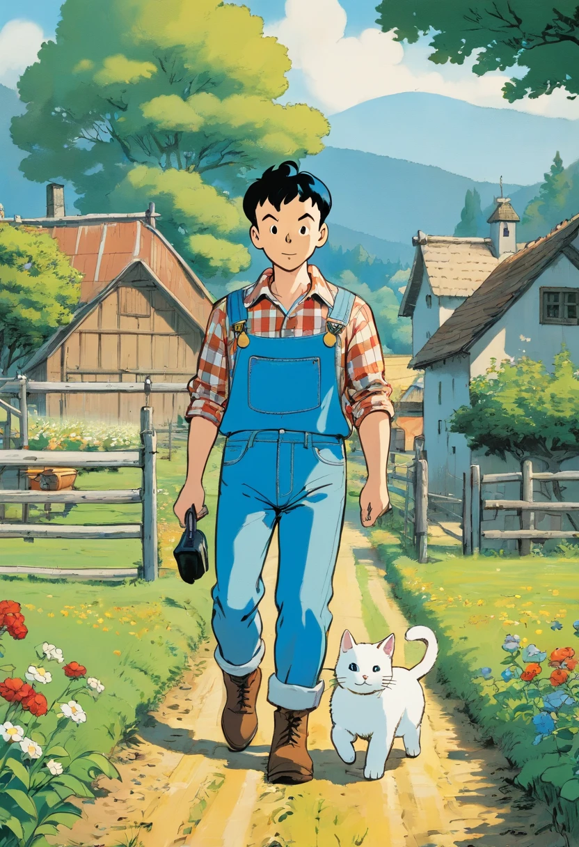 Tintin, male wearing white lumberjack shirt and blue blue denim pants walking on a farm, slick and neat short black hair, herge, european comics, with a small white cat