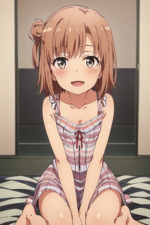 ((highest quality)), ((masterpiece)), (be familiar with), Perfect Face, indoor, Bedroom, Watching the audience,
One woman, Yuigahama Yui,
Open Mouth, Ecstatic expression, blush, smile,
Small breasts, Flat Chest, Young Girl, , , Girl,
Short Hair, Salmon-colored hair, Salmon-colored eyes, Side Pony,
Leg spread,