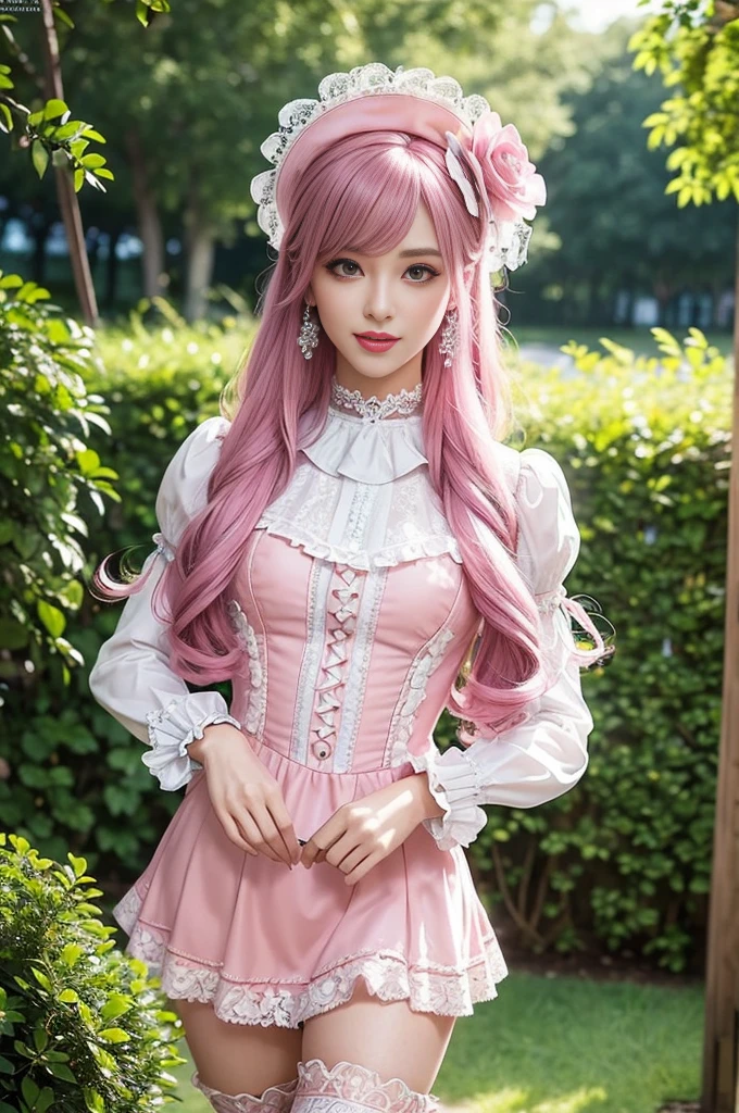 sexy stylish Swedish model, only 1 female, ((doll-like appearance)), long neon pink stylish hair, ((ultra detailed Victorian-Style boots)), happy smile, ultra detailed eyes, vivid eye makeup, lipgloss, long lashes, defined eyebrows, ((sexy Paradise Kiss cosplay)), bell-shaped skirt, petticoats, high neckline, puffed sleeves, (( ultra detailed lace)), ((ultra detailed embroidery)), intricate details, Paradise Kiss accessoires and matching headpiece, choker, ((large sparkling Paradise Kiss jewelry)), cinematic light, detailed large park background with trees 