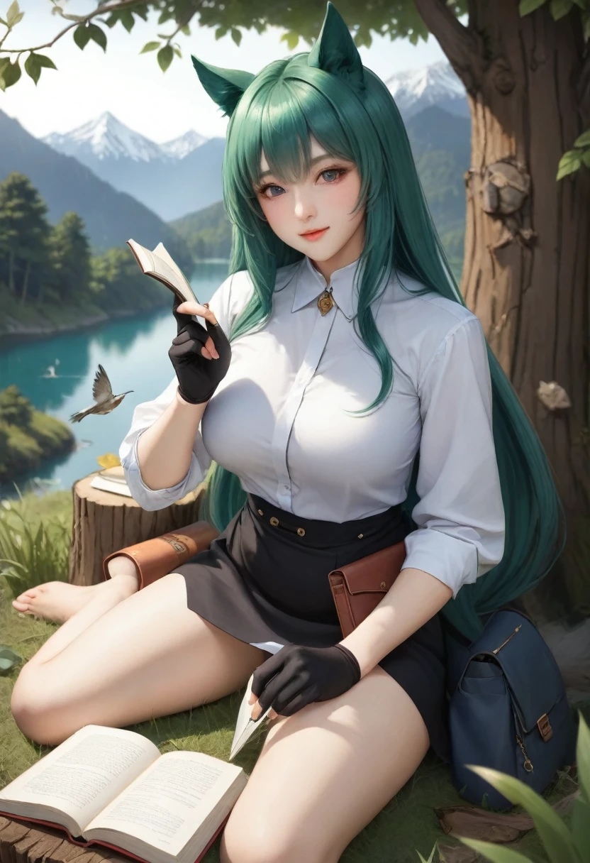 {{masterpiece、highest quality、(((Realistic、Realistic:1.37)))、8K quality}}, (PurerosFace_v1:0.5), One slender girl, Sitting, animal, animal ears, bird, black_hair, Book, Bookmark, branch, gloves, Grass, green hair, Holding, Holding Book, food, food down, leaf, Show Viewer, multicolored hair, open_Book, partially fingerless gloves, pen, plant, Pouch, 羽pen, read, Sitting, smile, alone, tail, wood, wood stump,, null, sun, Mountain, forest, lake