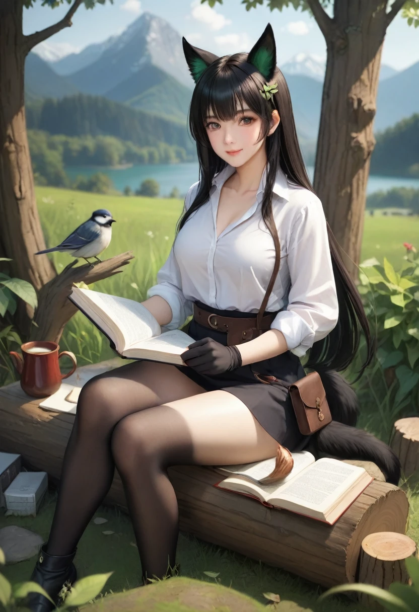 {{masterpiece、highest quality、(((Realistic、Realistic:1.37)))、8K quality}}, (PurerosFace_v1:0.5), One slender girl, Sitting, animal, animal ears, bird, black_hair, Book, Bookmark, branch, gloves, Grass, green hair, Holding, Holding Book, food, food down, leaf, Show Viewer, multicolored hair, open_Book, partially fingerless gloves, pen, plant, Pouch, 羽pen, read, Sitting, smile, alone, tail, wood, wood stump,, null, sun, Mountain, forest, lake