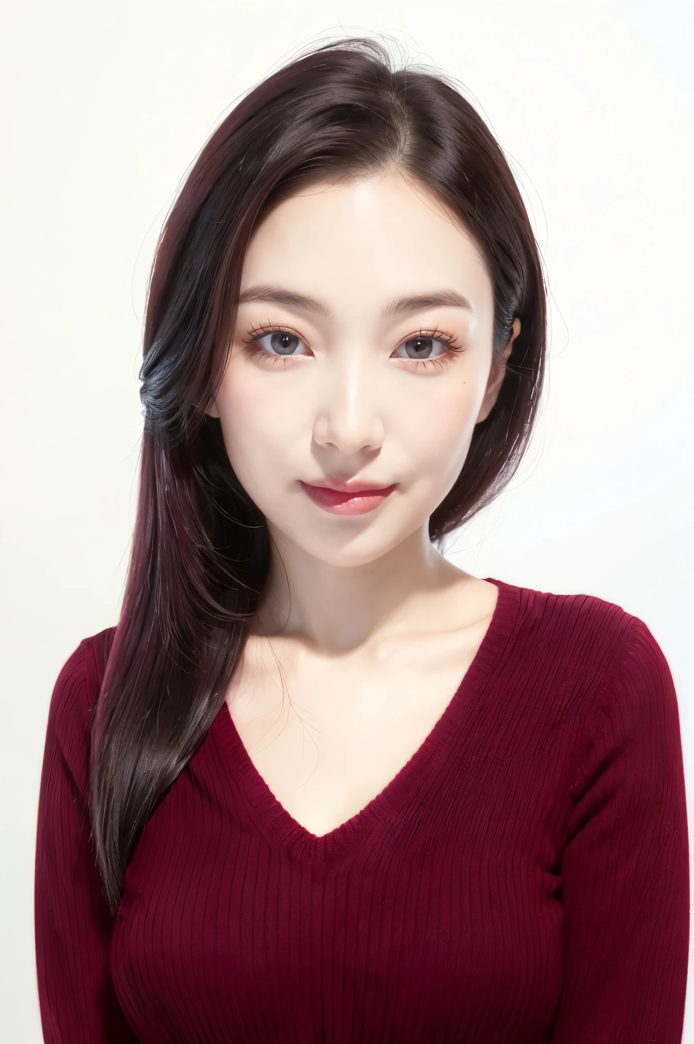 (highest quality、Tabletop、8k、Best image quality、Award-winning works)、One beautiful woman、(Beautiful and elegant very long hair:1.2)、(Beautiful black hair:1.1)、(alone:1.1)、(The perfect burgundy V-neck long sleeve knit:1.5)、(Burgundy V-neck knit:1.5)、(The simplest white background:1.4)、とてもBig Breasts、Accentuate your body lines、Beautiful and exquisite、look at me、(Perfect Makeup:1.1)、Bright lipstick、Ultra-high definition beauty face、Ultra HD Hair、Ultra HD Shining Eyes、Ultra High Resolution Perfect Teeth、Super high quality glossy lip、Accurate anatomy、Very beautiful skin、Glowing skin in ultra-high resolution、Elegant upright posture when viewed from the front、(very bright and vivid:1.2)、(Slender body:1.2)、(slender and beautiful face:1.1)、(Cleavage:1.2)、(Big Breasts:1.1)、Shiny, Bright lipstick、(Face close-up:1.2)、(50 year old beauty:1.3)、Wrinkled face、Facing forward、clavicle