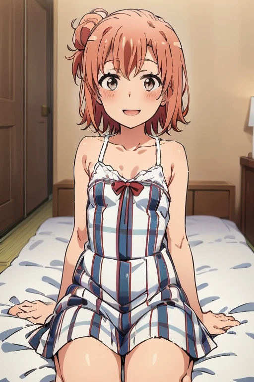 ((highest quality)), ((masterpiece)), (be familiar with), Perfect Face, indoor, Bedroom, Watching the audience,
One woman, Yuigahama Yui,
Open Mouth, Ecstatic expression, blush, smile,
Small breasts, Flat Chest, Young Girl, , , Girl,
Short Hair, Salmon-colored hair, Salmon-colored eyes, Side Pony,
Leg spread,