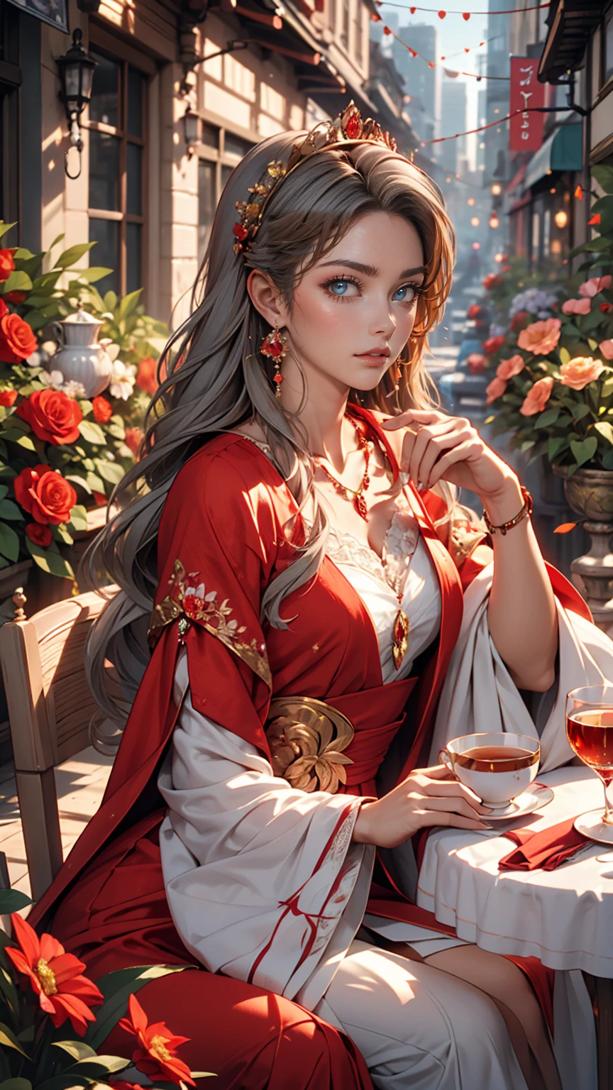 Gray-haired woman, Grey Eyes, Royalty, Red dress, Red Jewelry, Red earrings, Lunar, noble, Lady, high quality, Very detailed, Detailed face, masterpiece, city, Drinking tea, garden, Flowers, Light