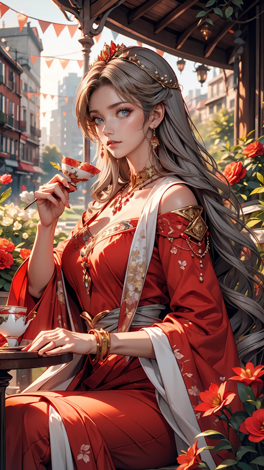 Gray-haired woman, Grey Eyes, Royalty, Red dress, Red Jewelry, Red earrings, Lunar, noble, Lady, high quality, Very detailed, Detailed face, masterpiece, city, Drinking tea, garden, Flowers, Light