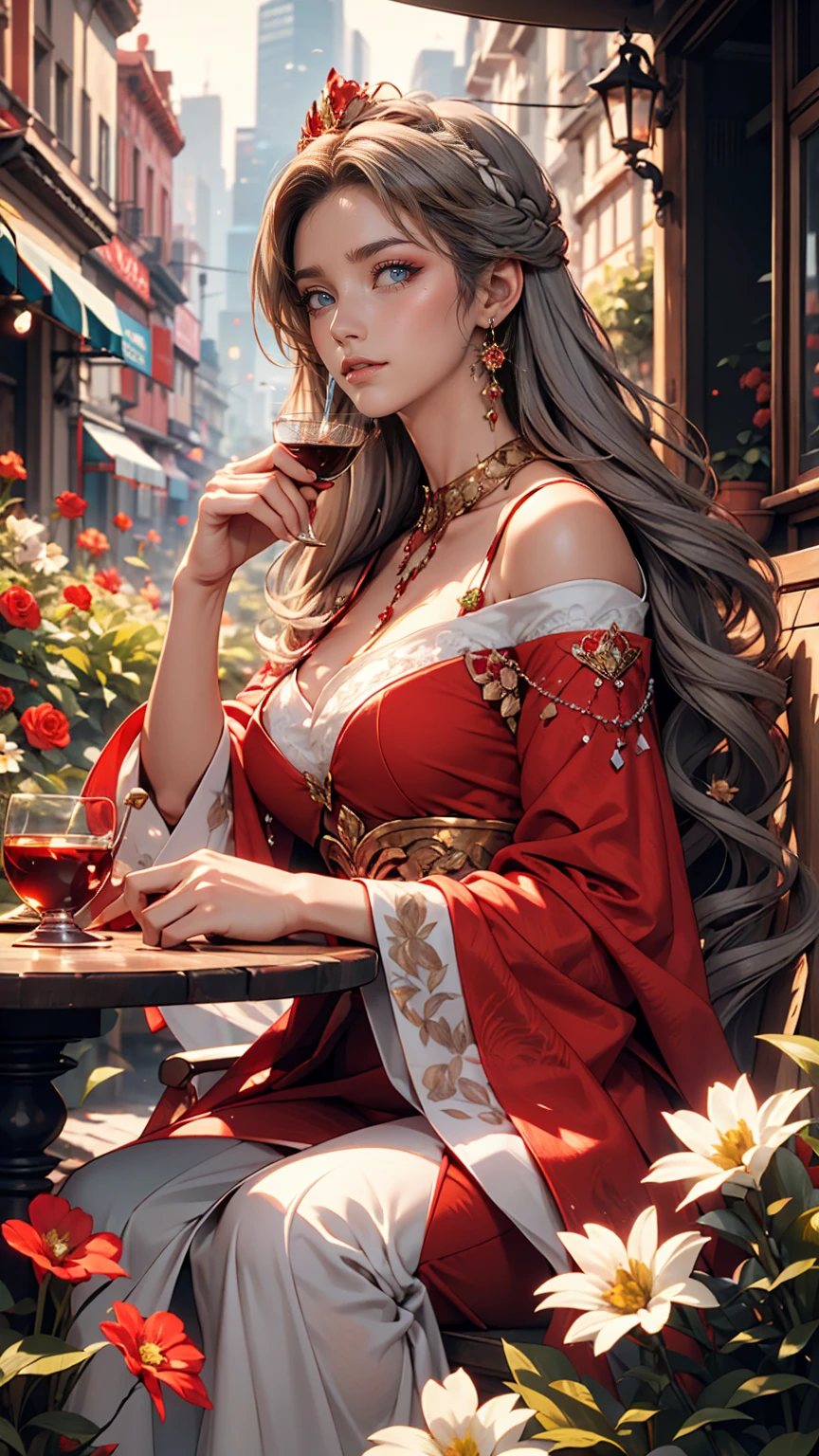 Gray-haired woman, Grey Eyes, Royalty, Red dress, Red Jewelry, Red earrings, Lunar, noble, Lady, high quality, Very detailed, Detailed face, masterpiece, city, Drinking tea, garden, Flowers, Light