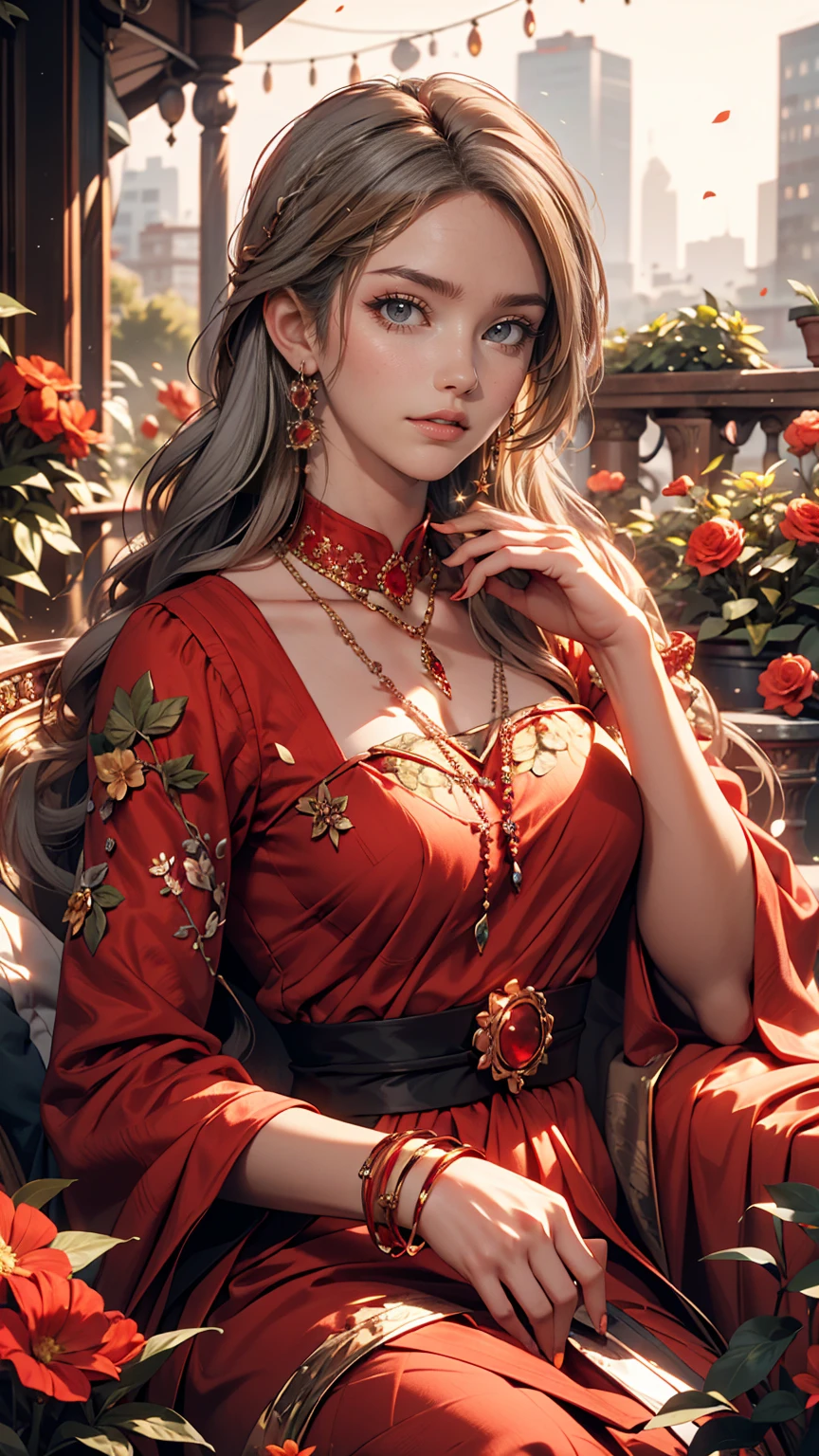 Gray-haired woman, Grey Eyes, Royalty, Red dress, Red Jewelry, Red earrings, Lunar, noble, Lady, high quality, Very detailed, Detailed face, masterpiece, city, Drinking tea, garden, Flowers, Light