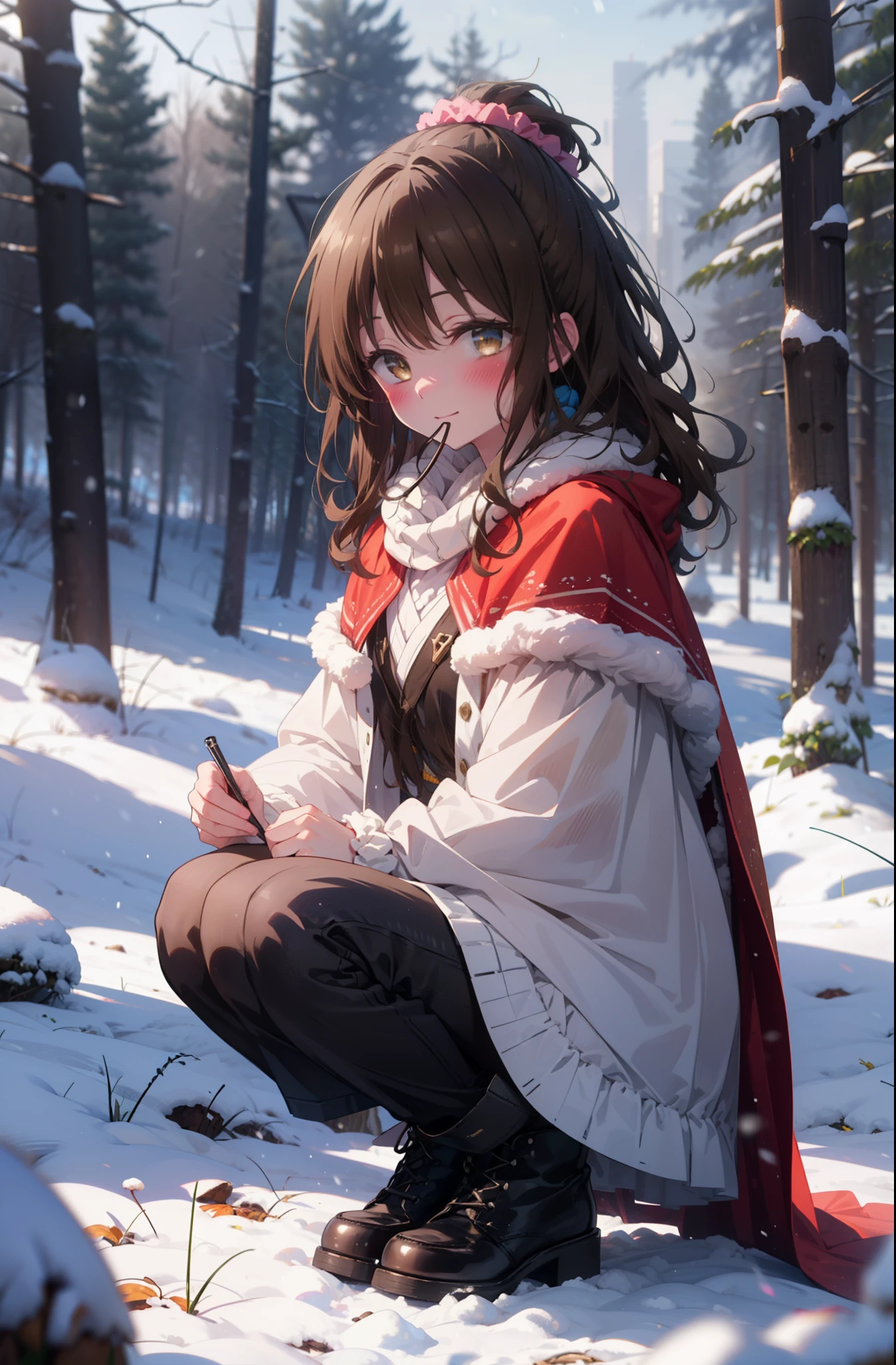 Follow Us, Yuki mandarin orange, (Brown eyes:1.5), Brown Hair, hair ornaments, hair Scrunchie, Long Hair, pink Scrunchie, Scrunchie, (Flat Chest:1.2),smile,,smile,blush,White Breath,
Open your mouth,snow,Ground bonfire, Outdoor, boots, snowing, From the side, wood, suitcase, Cape, Blurred, , forest, White handbag, nature, Squat, Mouth closed, Cape, winter, Written boundary depth, Black shoes, red Cape break looking at viewer, Upper Body, whole body, break Outdoor, forest, nature, break (masterpiece:1.2), highest quality, High resolution, unity 8k wallpaper, (shape:0.8), (Beautiful and beautiful eyes:1.6), Highly detailed face, Perfect lighting, Highly detailed CG, (Perfect hands, Perfect Anatomy),