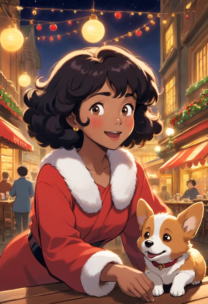 Very short black heavy afro style Curly hair 50 years old round face indonesian female, singing, wearing Santa Claus suits, tintin, herge, with brown corgi dog , european comics, Christmas night at cafe background