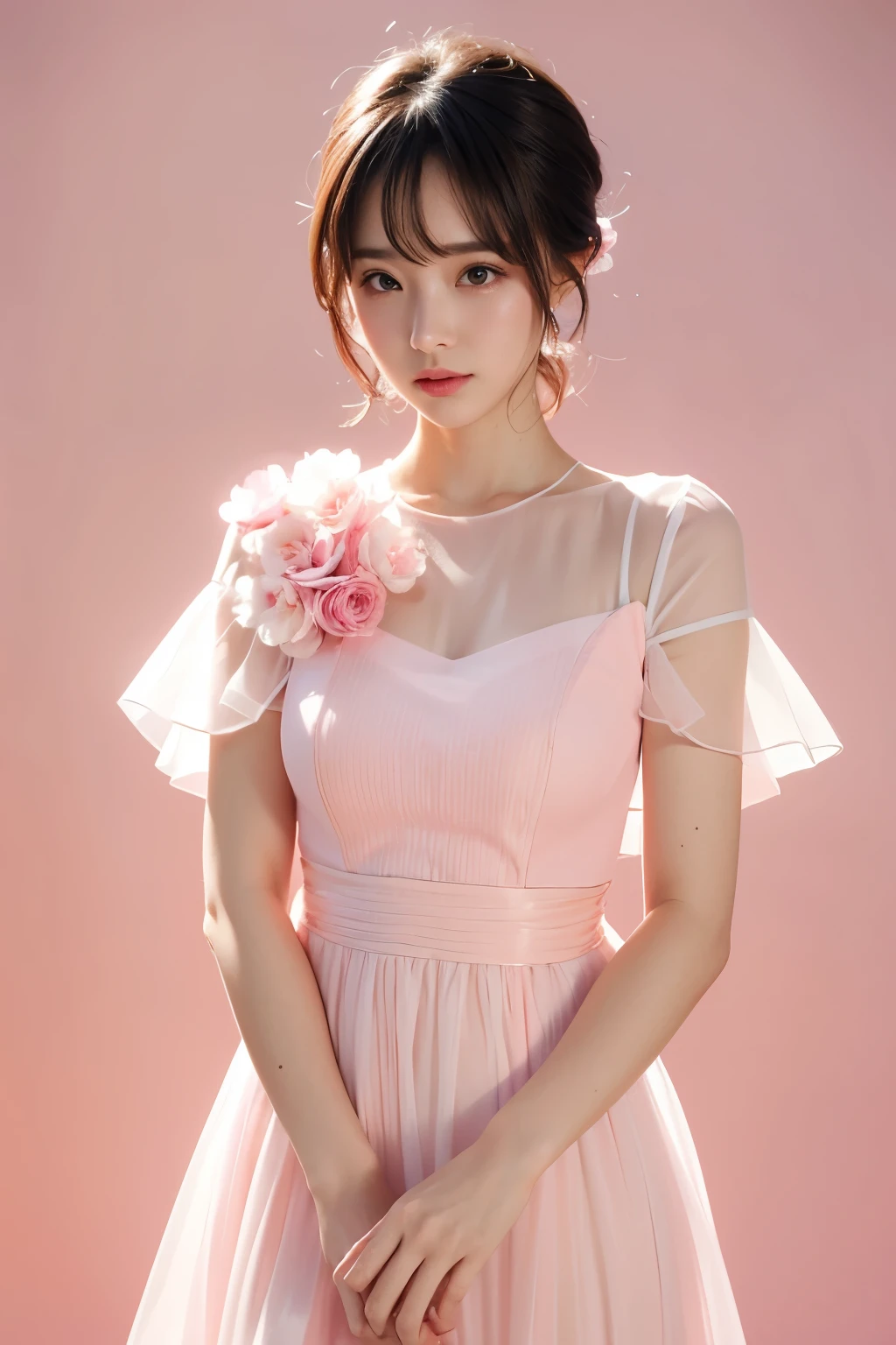 Beautiful woman wearing a translucent short-sleeved dress in a pink and white gradient, Magazines, Flower background, Short cut,