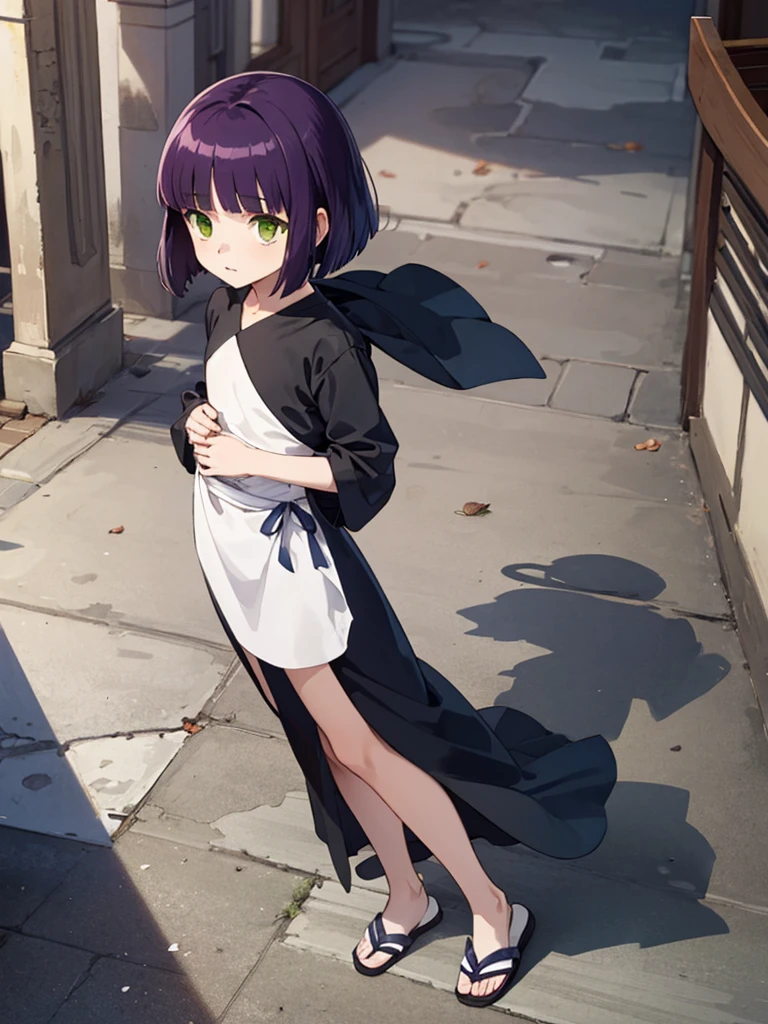 masterpiece, best quality, 1 girl, solo,  (flat chest), shinobu miyake, long hair, bangs, purple hair, (green eyes:1.5), bob cut, Monastic Clothes, church, full body,