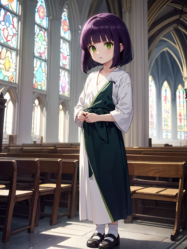 masterpiece, best quality, 1 girl, solo,  (flat chest), shinobu miyake, long hair, bangs, purple hair, (green eyes:1.5), bob cut, Monastic Clothes, church, full body,