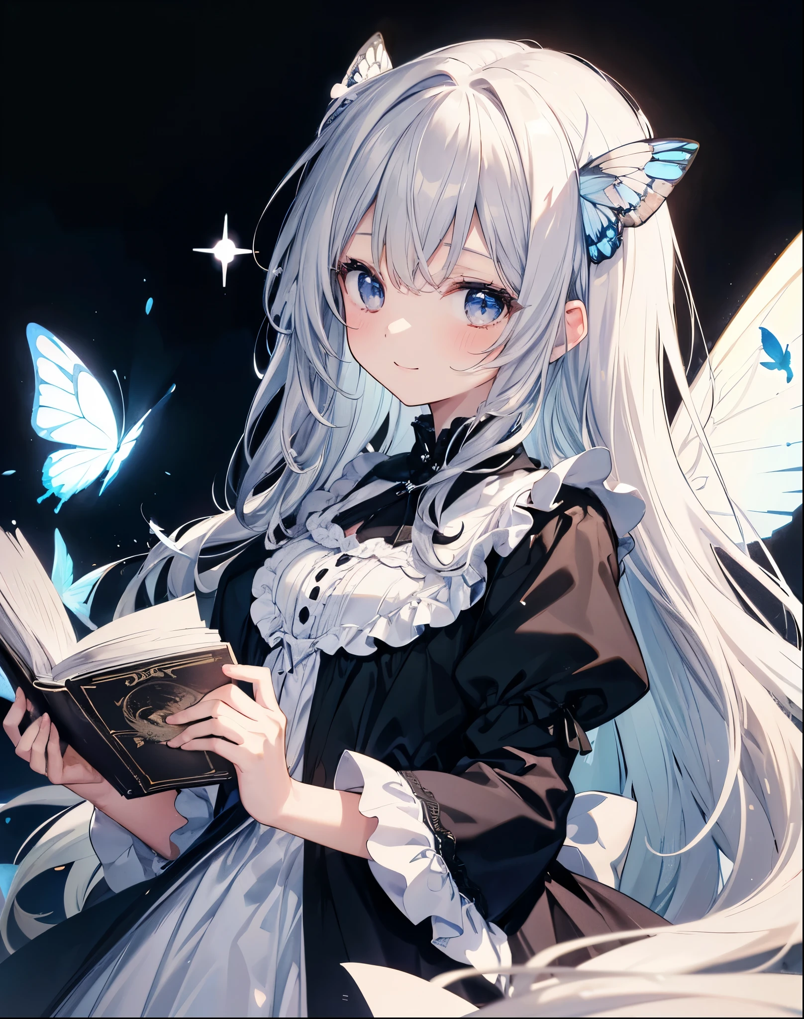 No background、Background white、High resolution、FHD、high resolution、High chroma、High again、Black and White、Line art、anime、Retro、Antique、collage、girl、Gray Hair、Long Hair、Curly long hair、Light color、one piece、Frills、Sparkle in the eyes、highlight、smile、cute、whole body、No cuts in sight、I can't see it、Refers to 5 books、Life-size、butterfly々、It has wings、No background、Background white