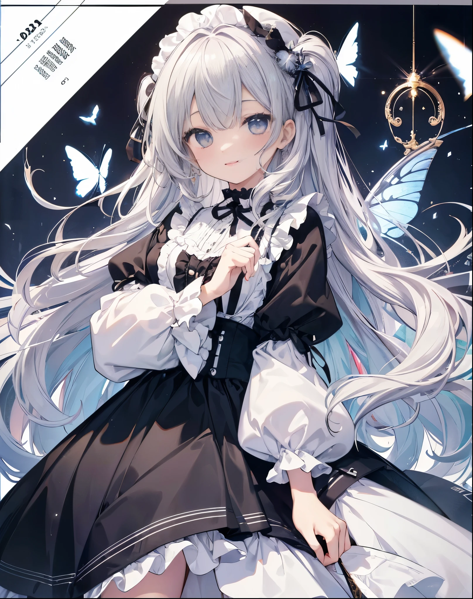 No background、Background white、High resolution、FHD、high resolution、High chroma、High again、Black and White、Line art、anime、Retro、Antique、collage、girl、Gray Hair、Long Hair、Curly long hair、Light color、one piece、Frills、Sparkle in the eyes、highlight、smile、cute、whole body、No cuts in sight、I can't see it、Refers to 5 books、Life-size、butterfly々、It has wings、No background、Background white