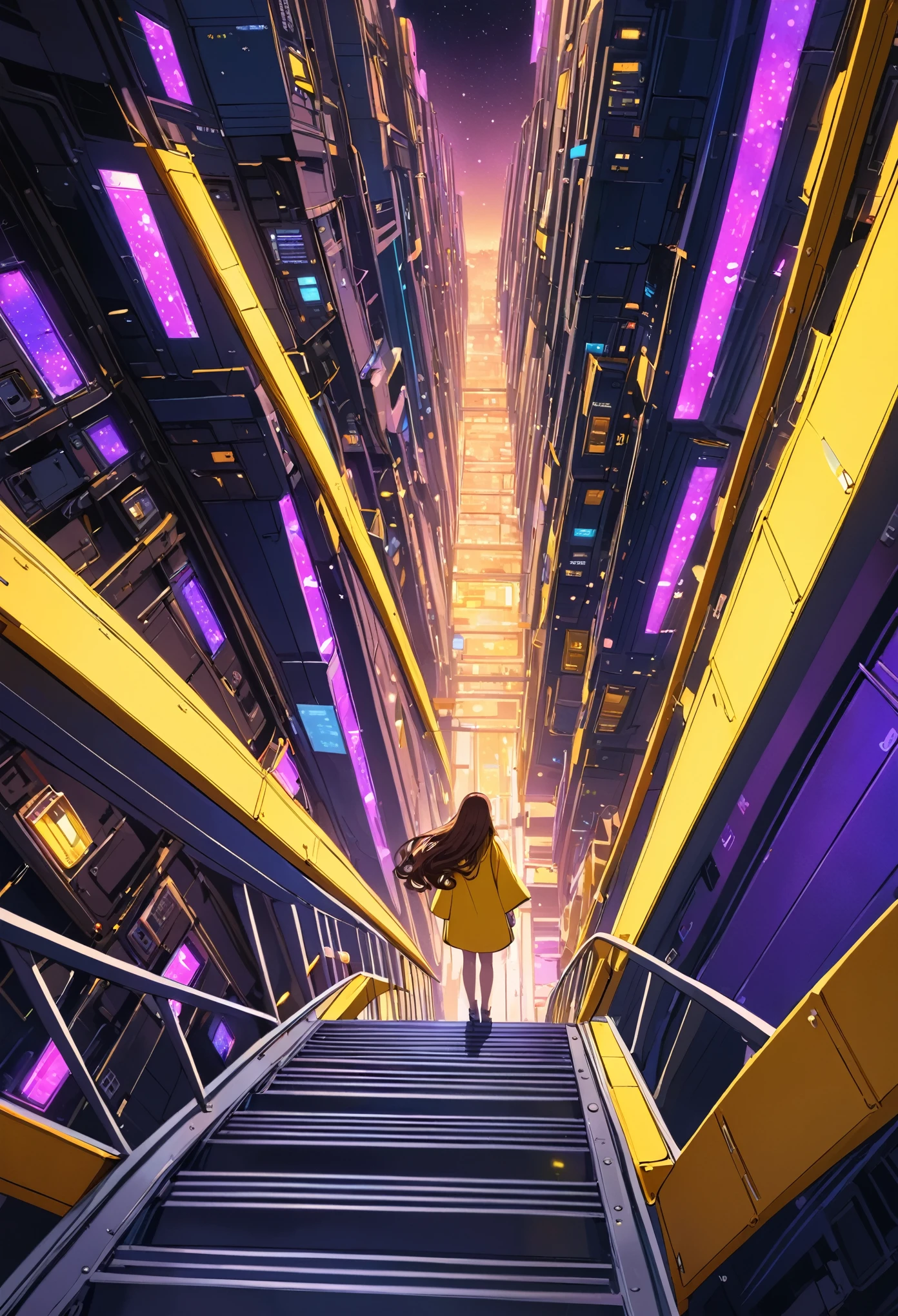 a wide angle shot in oil paint looking over the shoulder of a woman with long wavy brown hair wearing a yellow robe with light blue trim holding onto a railing at the edge of a platform looking down and to the right. It is midnight. There is a string of colorful bioluminescent lights above her which light the scene. In the backgroud about 500 meters distant is the opposite wall of the space station which is a city skyscraper made up of metal plates. Plateforms jut out into the space inbetween containing markets. The color patate is predominantly purple and yellow