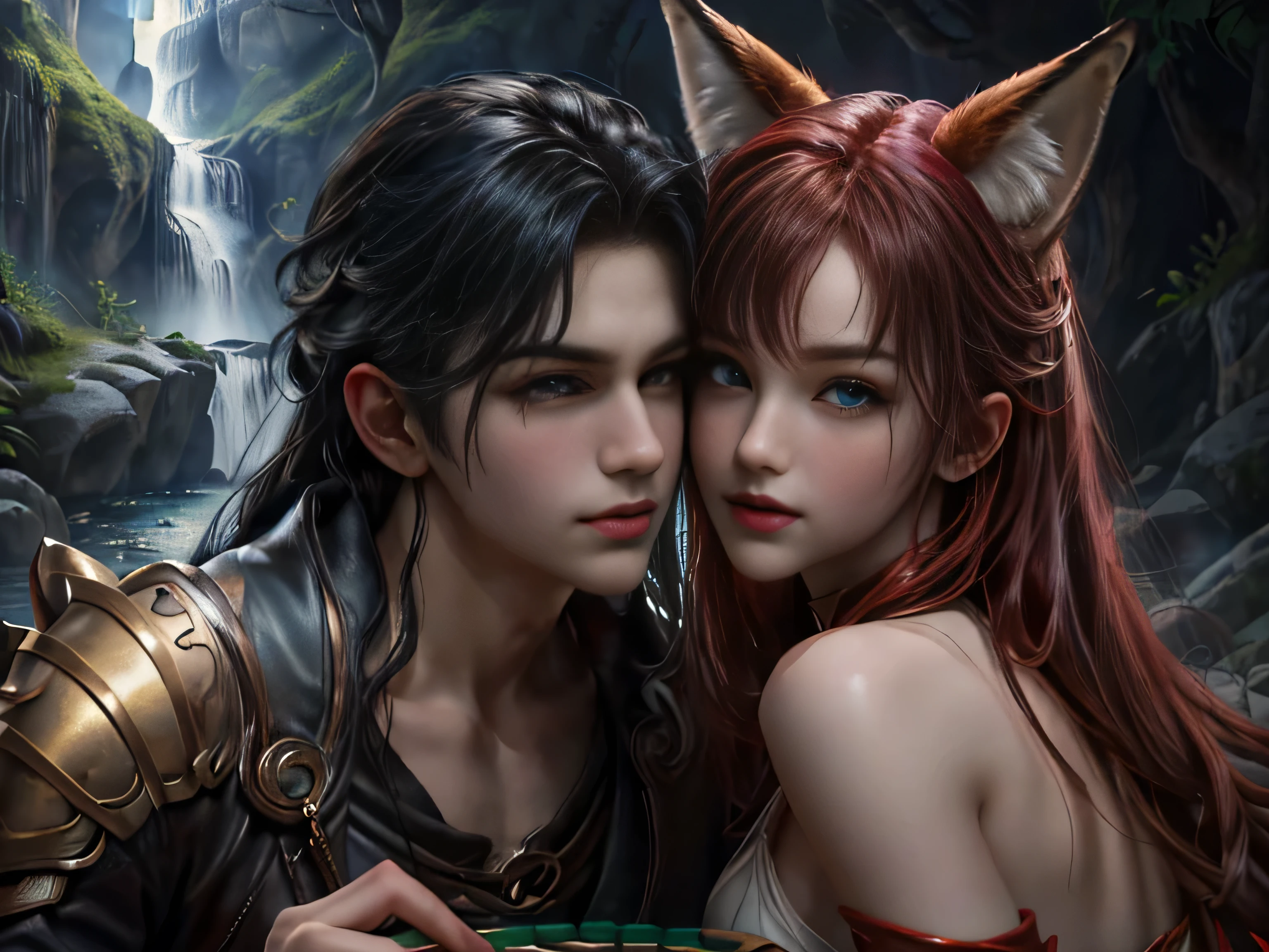 (Best quality, 8K, masterpiece, HDR, soft lighting, perfect image, realistic, Bright), a guy and a fox girl play Go against the backdrop of a mountain waterfall, landscape with a mountain waterfall in the background, sitting foxes guy and girl behind a goban (Go board), [(handsome man, he has beautiful blue eyes and a kind smile, black hair, naked torso with developed body, (Beautiful fox girl with green eyes, red hair, innocent expression)], (Fantasy ultra high quality art, latest fantasy), masterpiece, Ultra high quality male and female character designs, anime art with 8k development, realistic anime art, wallpaper illustrations of the highest quality, complex ultra high quality accurate faces of male and female characters, high quality design and precision physics (ultra high quality fantasy style)), art, dark fantasy)) Style), Masterpieceы, super quality characters, resolution anime - 8k, realistic anime art, highest quality wallpaper illustration, Ultra-high facial detail, high-quality design and physics accuracy), by color, depth of field, to the shadows, ray tracing, high quality and production of computer wallpapers in 8K resolution. (Accurate simulation of the interaction of light and material)], [Carefully detailed hair [Read more about beautiful and shiny hair]], (Perfectly detailed hands [perfect fingers [Beautiful nails]], (perfect anatomy (perfect proportions)) [[ Look at full growth]], [Ideal color coordination (Accurate simulation of the interaction of light and material)], [art, conveying the meaning of history], [game in Go]