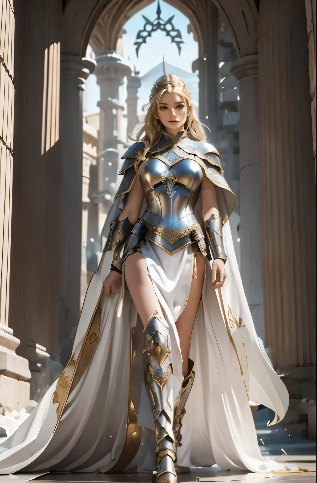 wide exaggerated white cloak, flowing white cloak, blowing in the wind, perfect hands, ((long gold white cape))