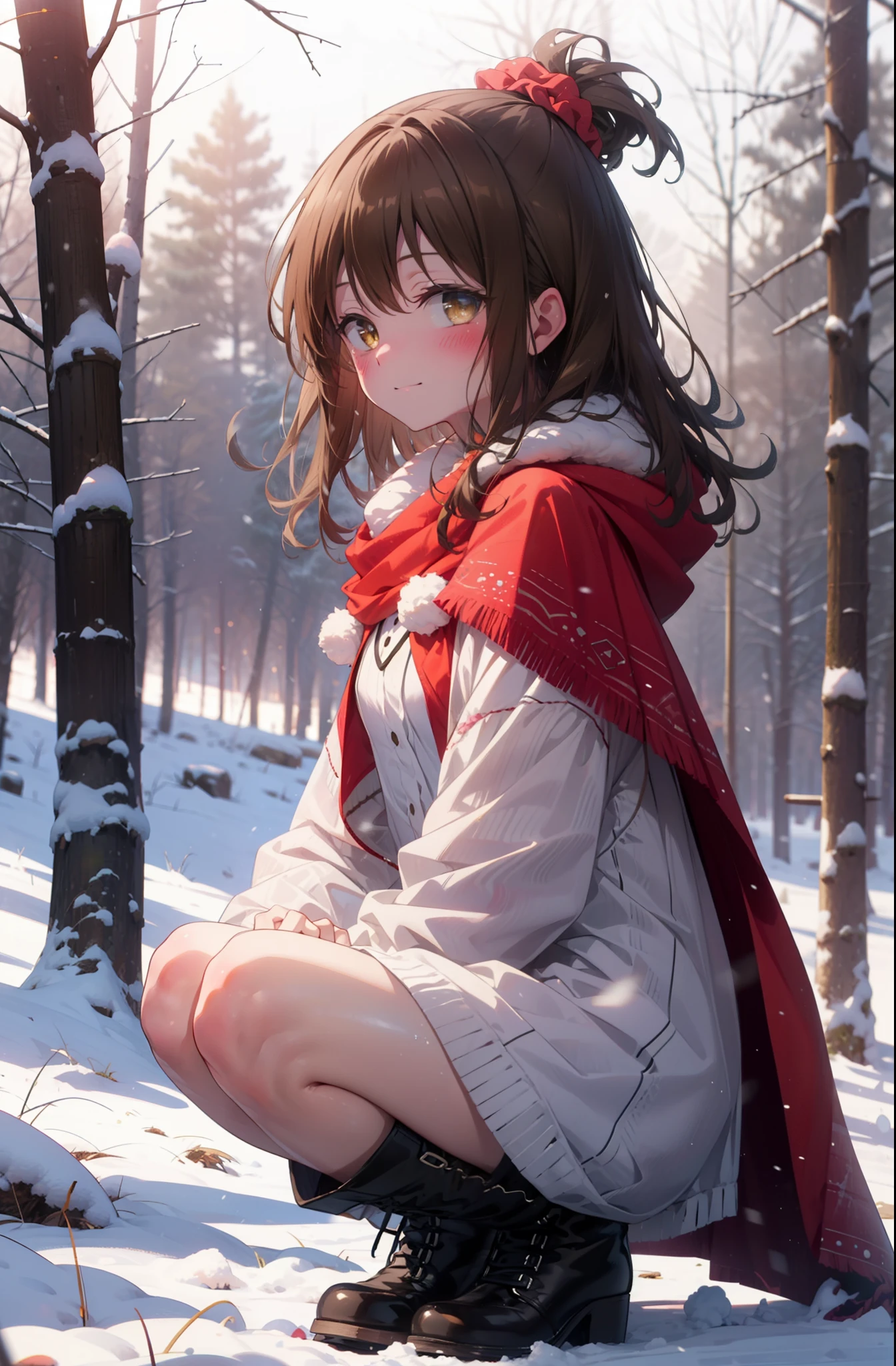 Follow Us, Yuki mandarin orange, (Brown eyes:1.5), Brown Hair, hair ornaments, hair Scrunchie, Long Hair, pink Scrunchie, Scrunchie, (Flat Chest:1.2),smile,,smile,blush,White Breath,
Open your mouth,snow,Ground bonfire, Outdoor, boots, snowing, From the side, wood, suitcase, Cape, Blurred, , forest, White handbag, nature, Squat, Mouth closed, Cape, winter, Written boundary depth, Black shoes, red Cape break looking at viewer, Upper Body, whole body, break Outdoor, forest, nature, break (masterpiece:1.2), highest quality, High resolution, unity 8k wallpaper, (shape:0.8), (Beautiful and beautiful eyes:1.6), Highly detailed face, Perfect lighting, Highly detailed CG, (Perfect hands, Perfect Anatomy),
